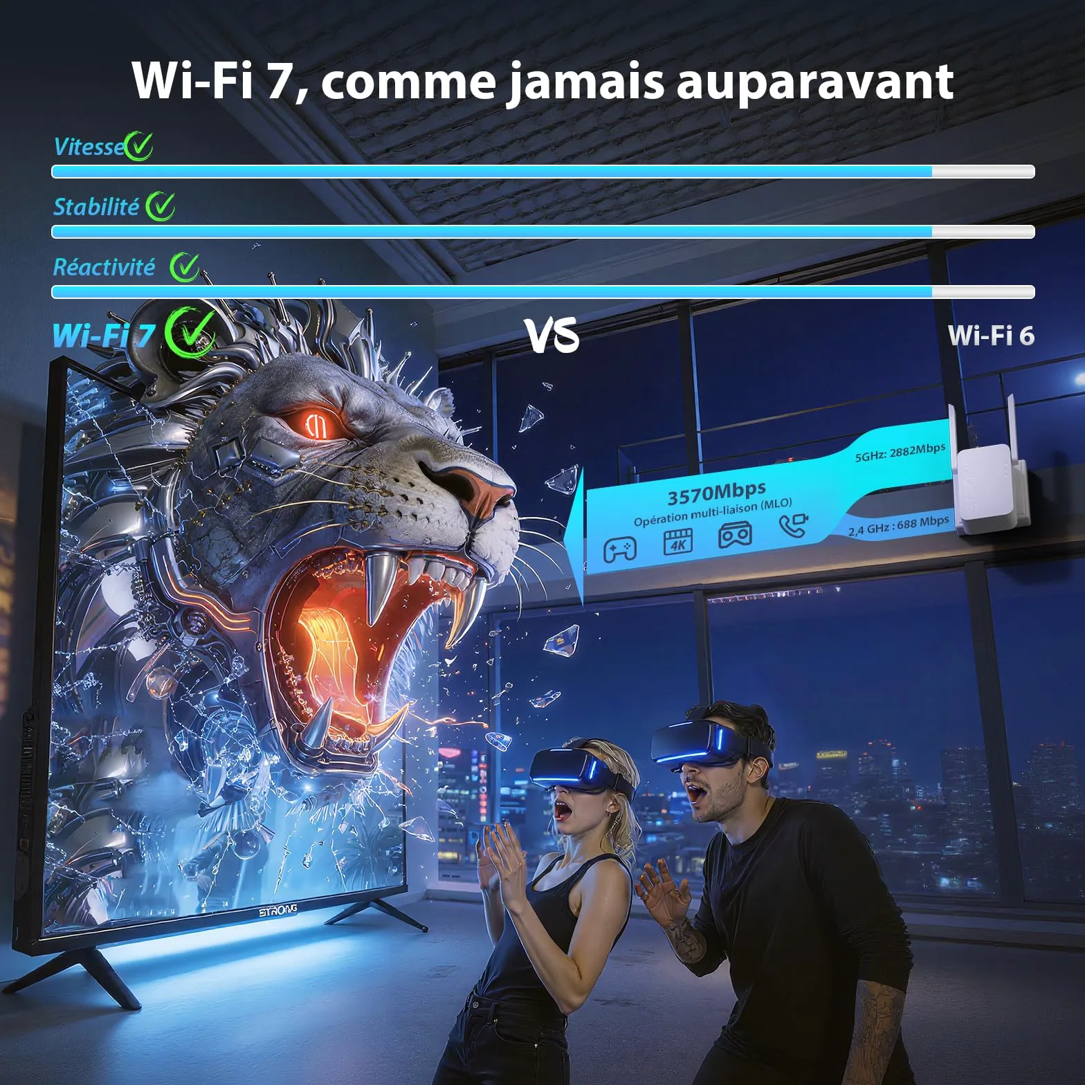 STRONG Répéteur WiFi 7 BE3600, Amplificateur WiFi Double Bande | 3600 Mbps, WiFi 7, MLO, Double Bande, Répéteur WiFi, Port Ethernet Gigabit, 2 antennes externes, Point d'accès