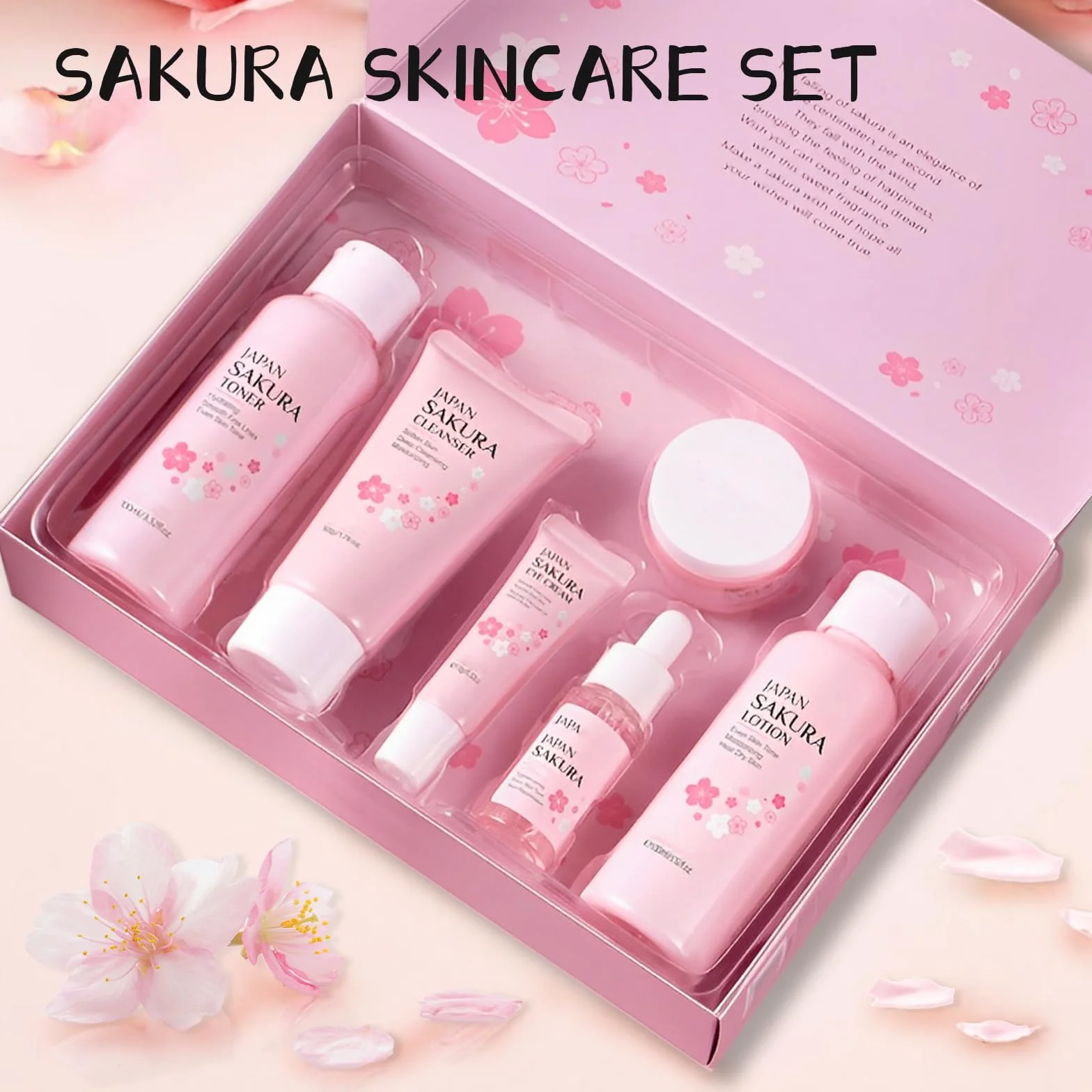 Sakura Ensemble de Soins du Visage 5 Pièces, Nettoyant, Toner, Contour Yeux, Sérum, Crème