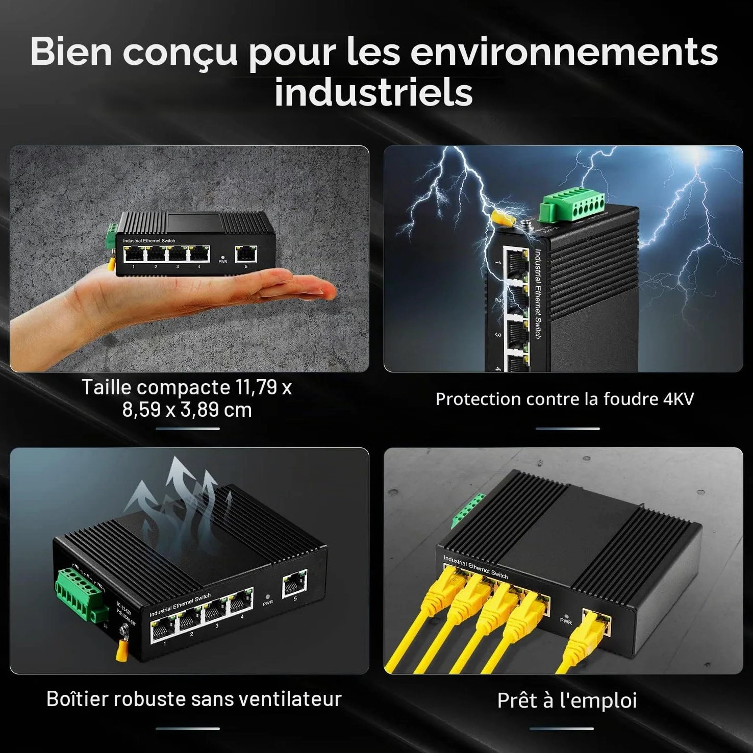 Binardat Switch Ethernet Industriel 5 Ports sur Rail DIN, 4 Ports et 1 Liaison Montante 10/100 Mbps, Montage Mural sans Ventilateur, avec Une Alimentation