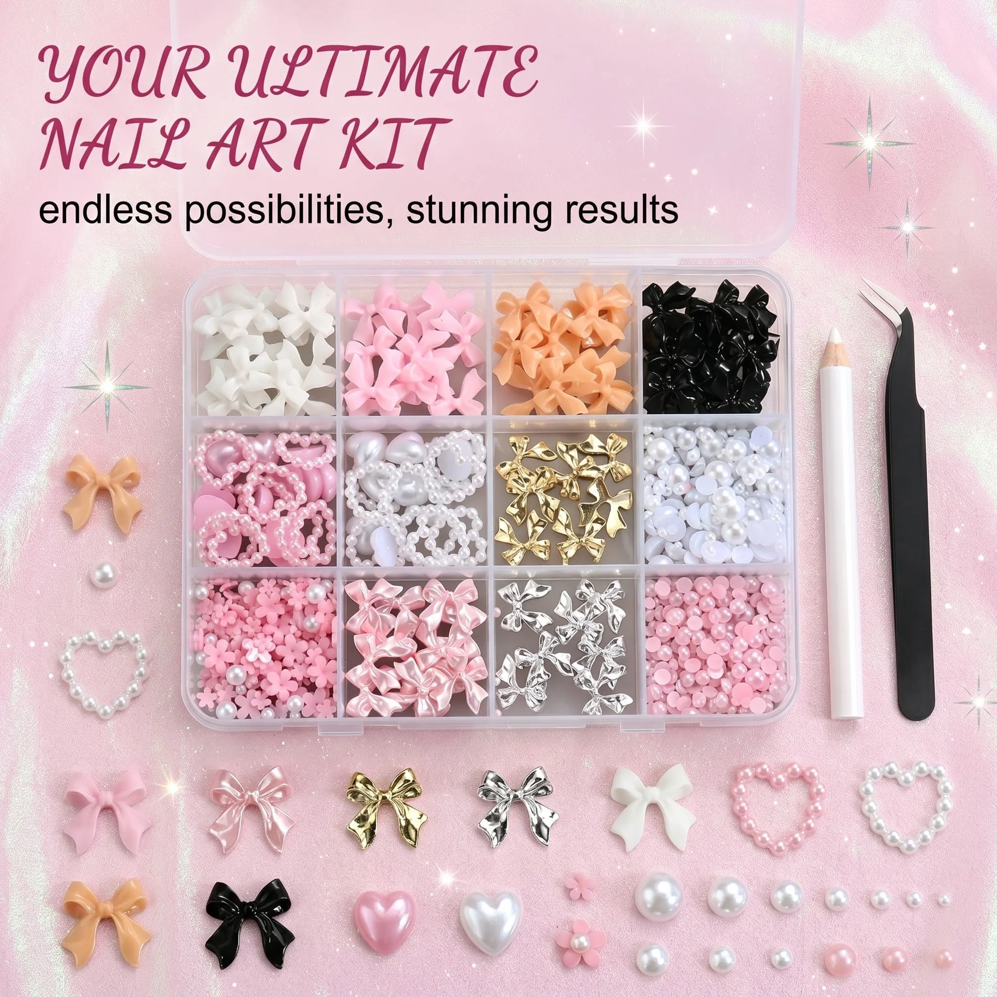 Pendentifs pour Ongles Nœud Blanc Rose Noir 3D Dos Plat Strass Nail Art Deco