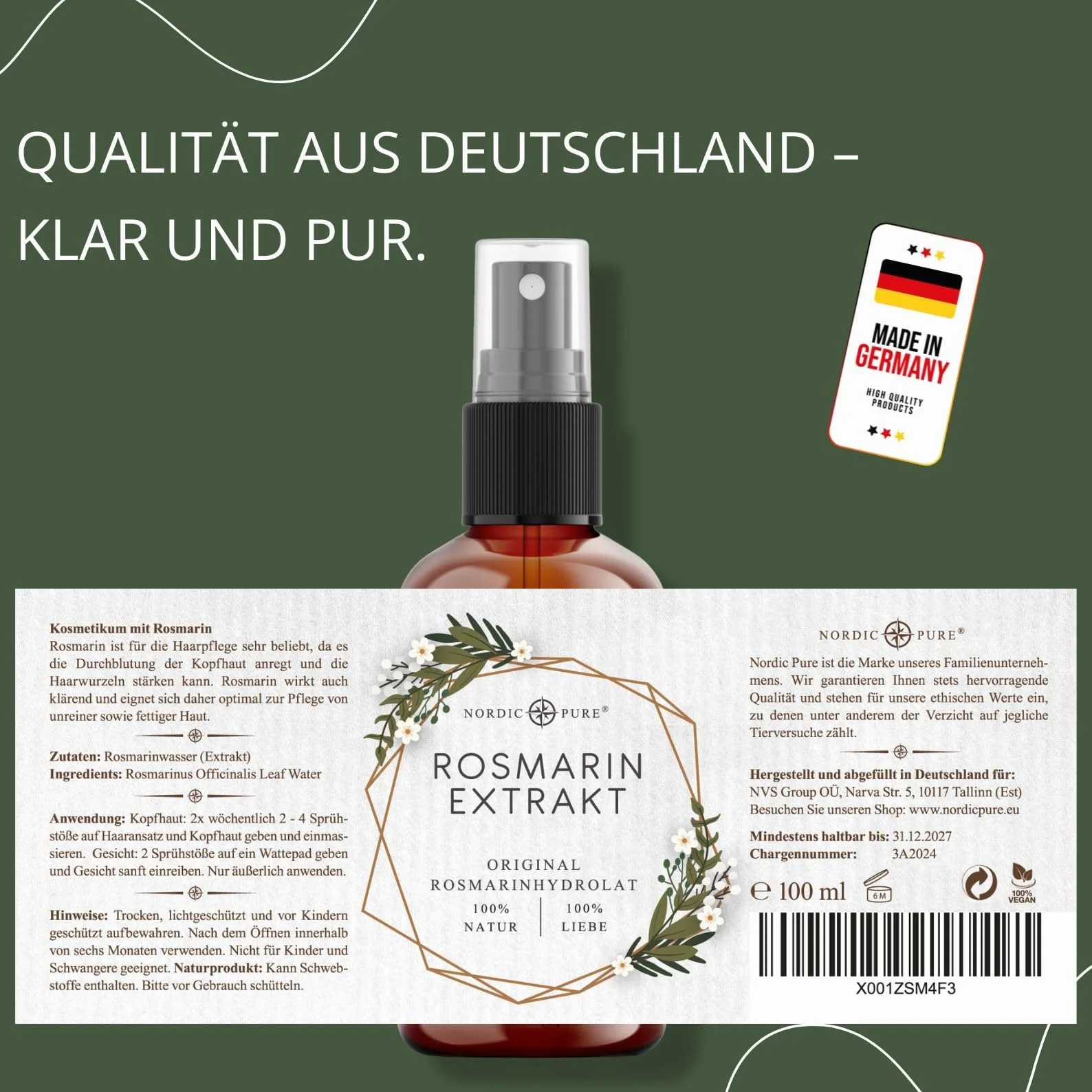 Nordic Pure Eau de romarin 100 ml pour peau et cheveux hydrolat revitalisant