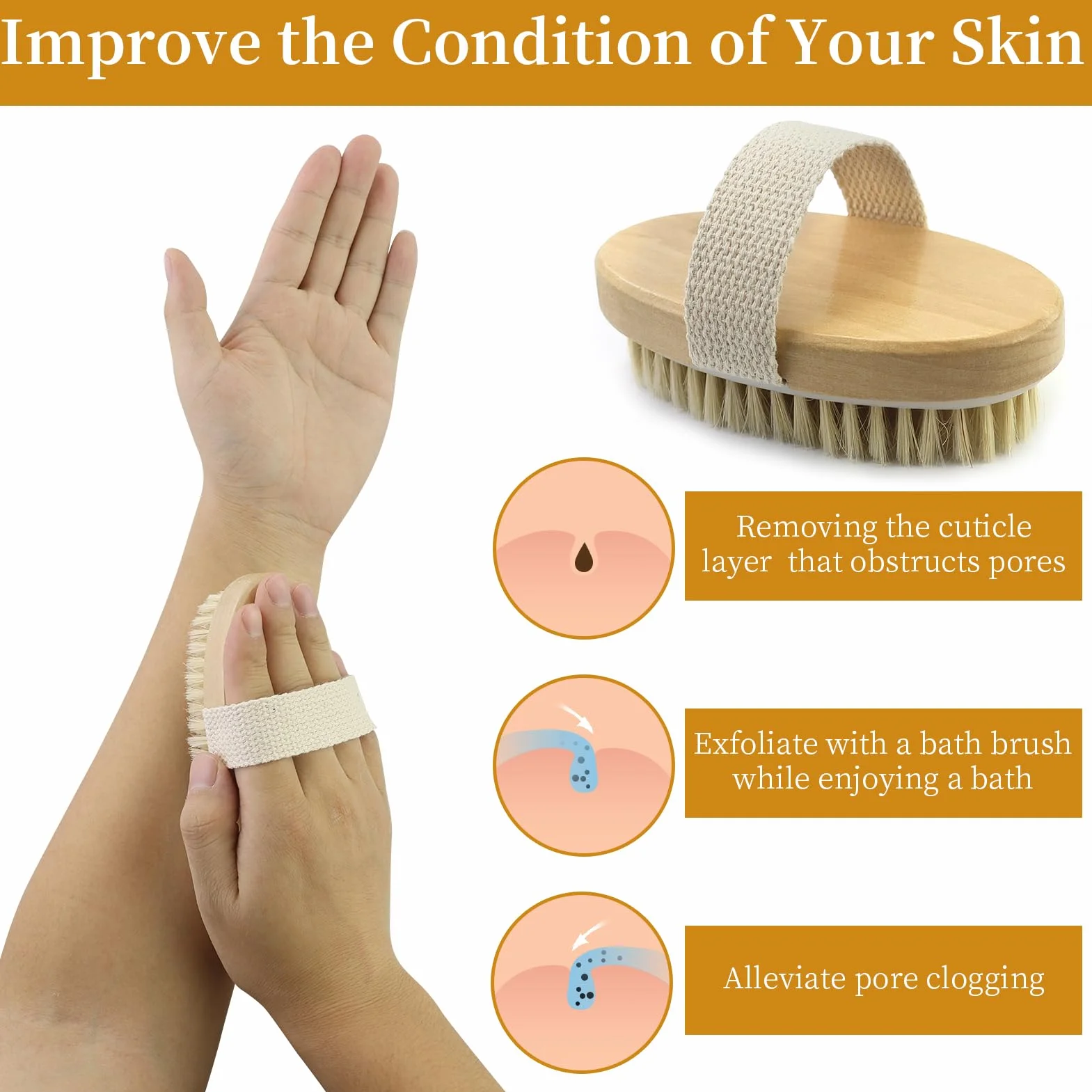 Brosse à sec pour le corps, Brosse exfoliante physique, Brosse masseuse drainage lymphatique, poils naturels
