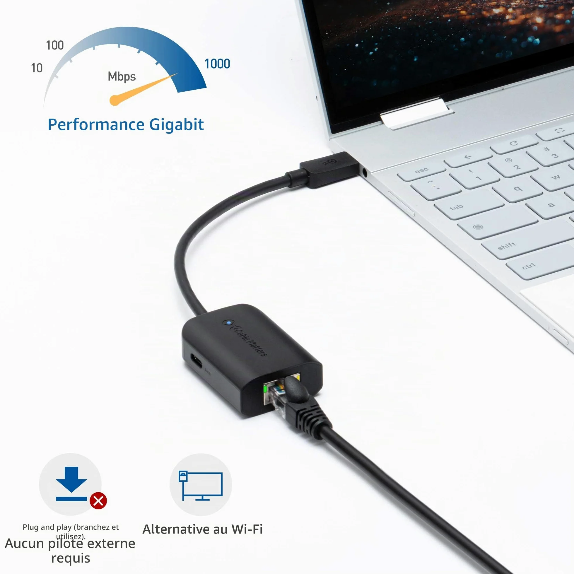 Cable Matters Adaptateur USB C Ethernet Gigabit avec Chargeur 100W - Vitesse Ethernet Filaire jusqu'à 480Mbps pour Chromecast avec Google TV (Version 2020), Ordinateurs Portables et Autres