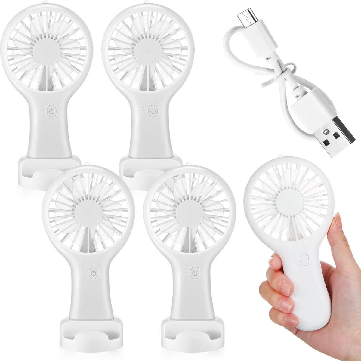 Woanger Lot de 4 mini ventilateurs portables à piles avec câble de données et base de montage - Petit ventilateur électrique rechargeable USB silencieux pour l'été (blanc)