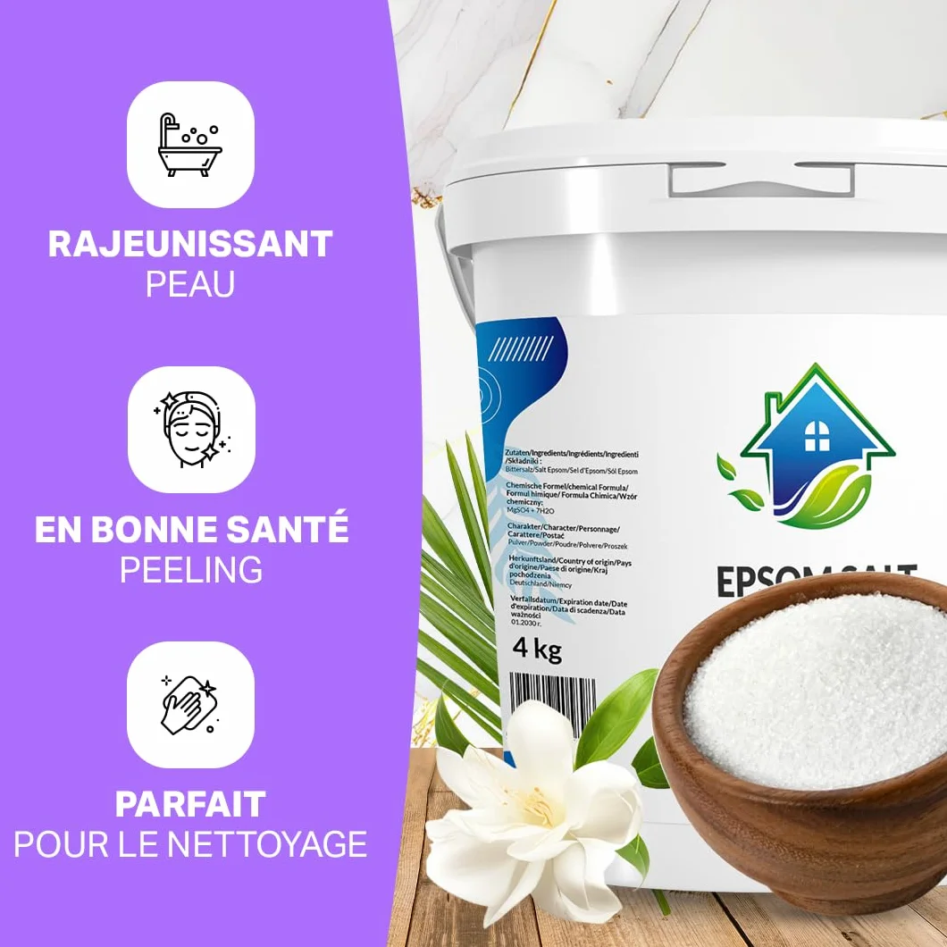 Sel d'Epsom 4 kg Pur Sulfate de Magnesium pour Bain de Pied Jardin Spa Cristaux Détente