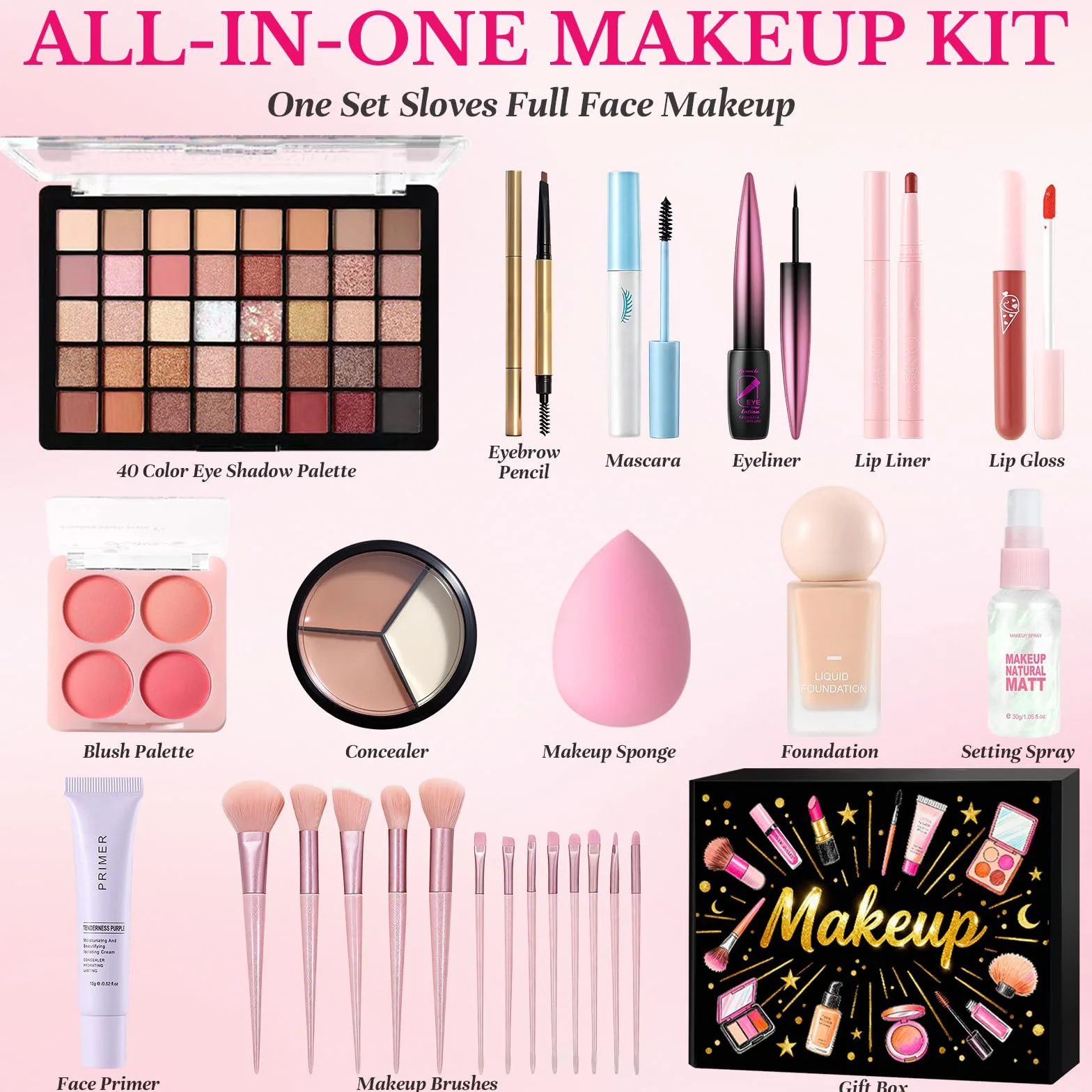 Coffret Maquillage Femme Professionnel avec Ombres Paupière Fond de Teint Lipgloss Blush Correcteur Mascara Eyeliner Pinceaux