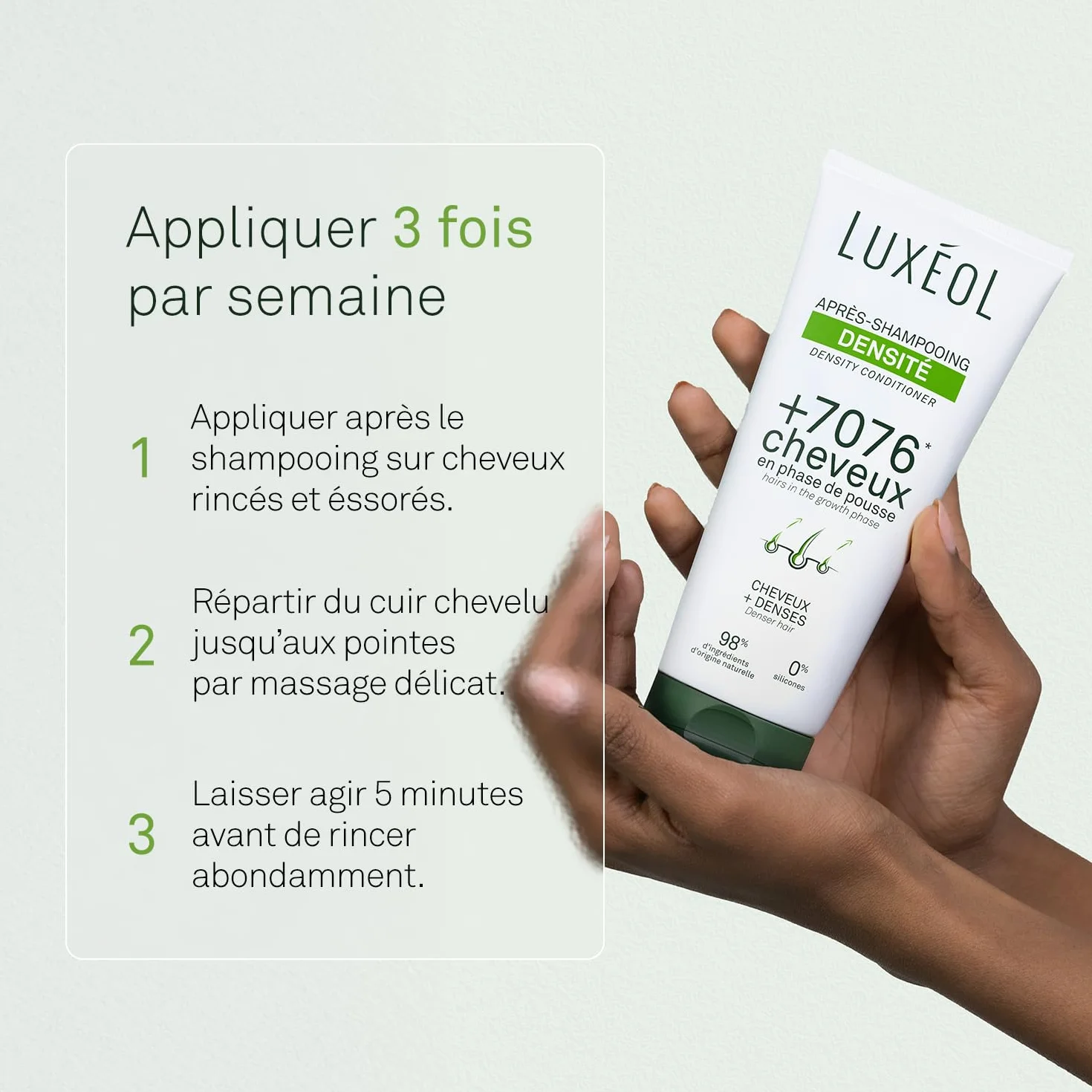 LUXEOL Après-Shampooing Densité 200 ml Cheveux En Phase De Pousse Augmente La Densité Capillaire 98% Ingrédients D'Origine Naturelle Sans Silicones Fabriqué en France