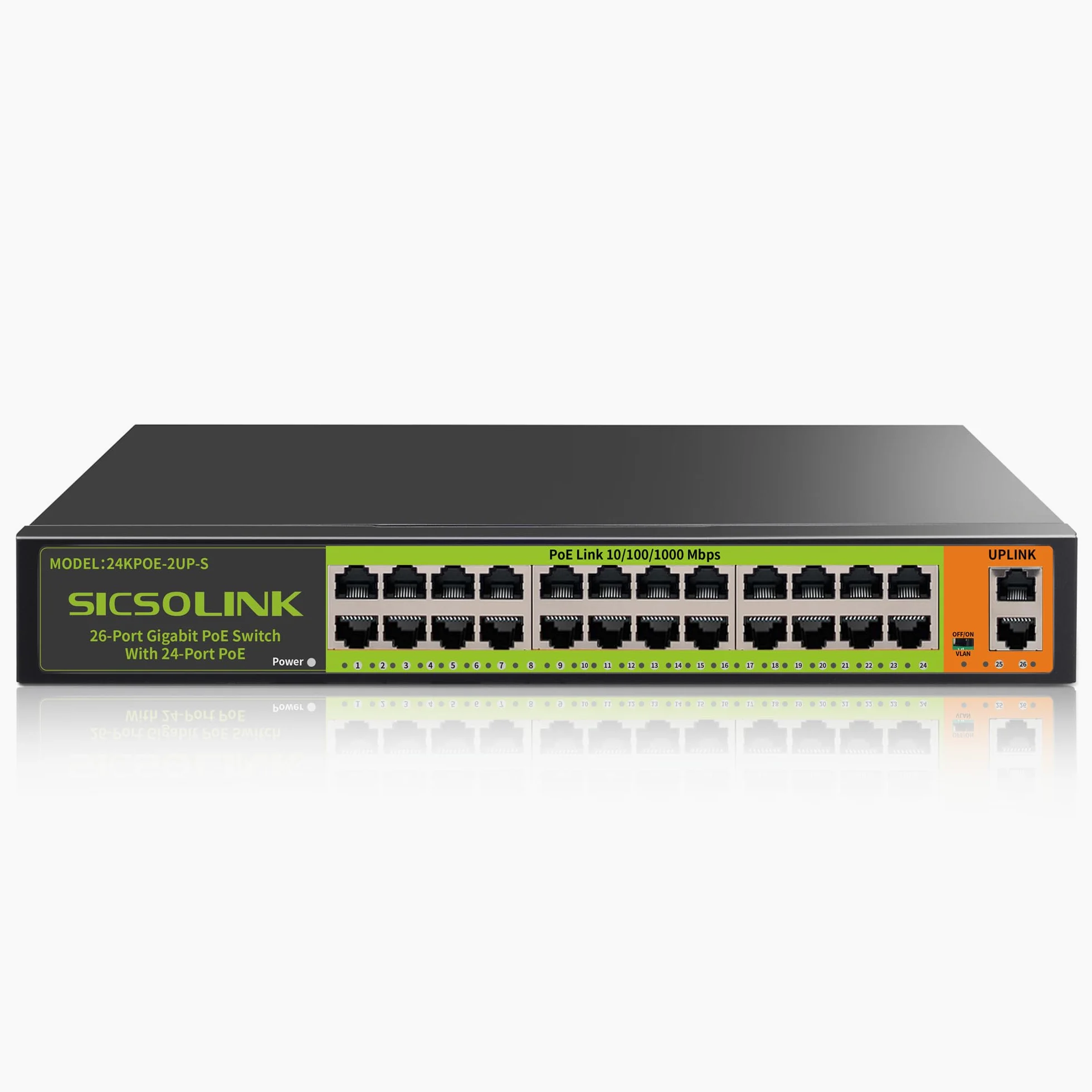 Switch PoE+ 24 Ports Gigabit, 400W, 2 uplinks, Non géré, Silencieux, Rack 19", pour caméras PoE, APs, PC.