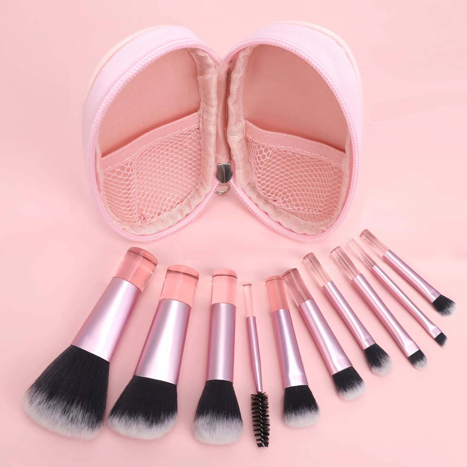 Lot de 10 Pinceaux de Maquillage de Voyage, Mini Pinceau avec Sac PU, Rose