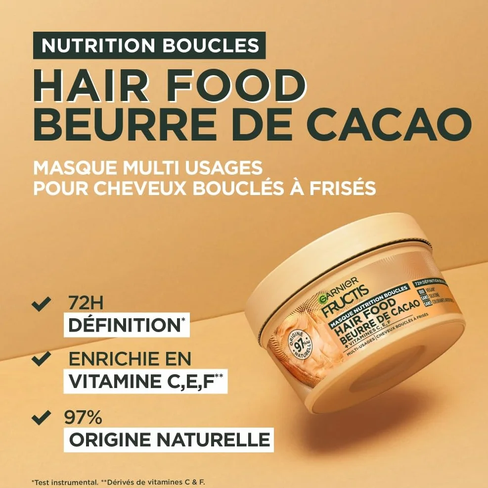 Garnier Fructis Hair Food Masque Nutrition Boucles Beurre Cacao Vegan 97% Naturelle Cheveux Bouclés Frisés 320 ml