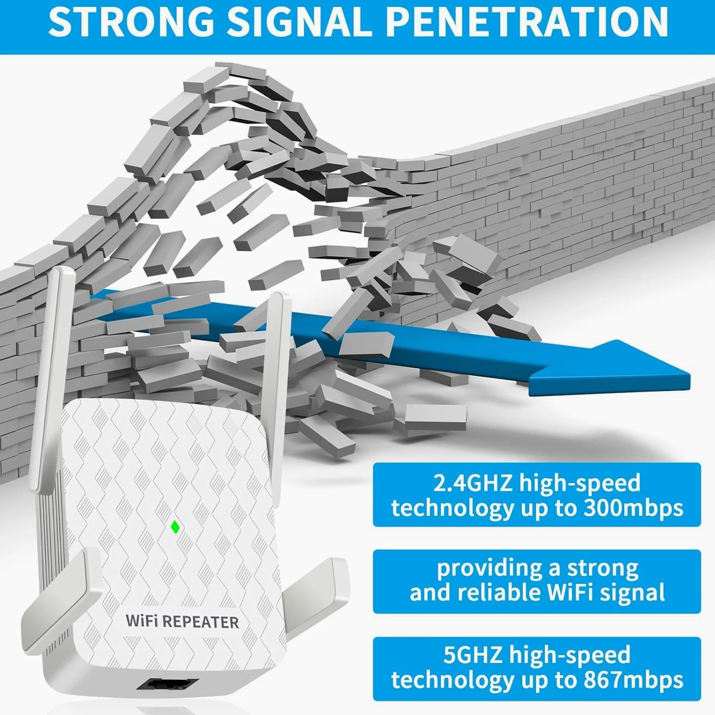 Amplificateur WiFi ultraxtended 1200 Mbps, répéteur WiFi double bande 5 GHz et 2,4 GHz – avec port Ethernet, 4 antennes, configuration rapide, amplificateur de signal sans fil domestique