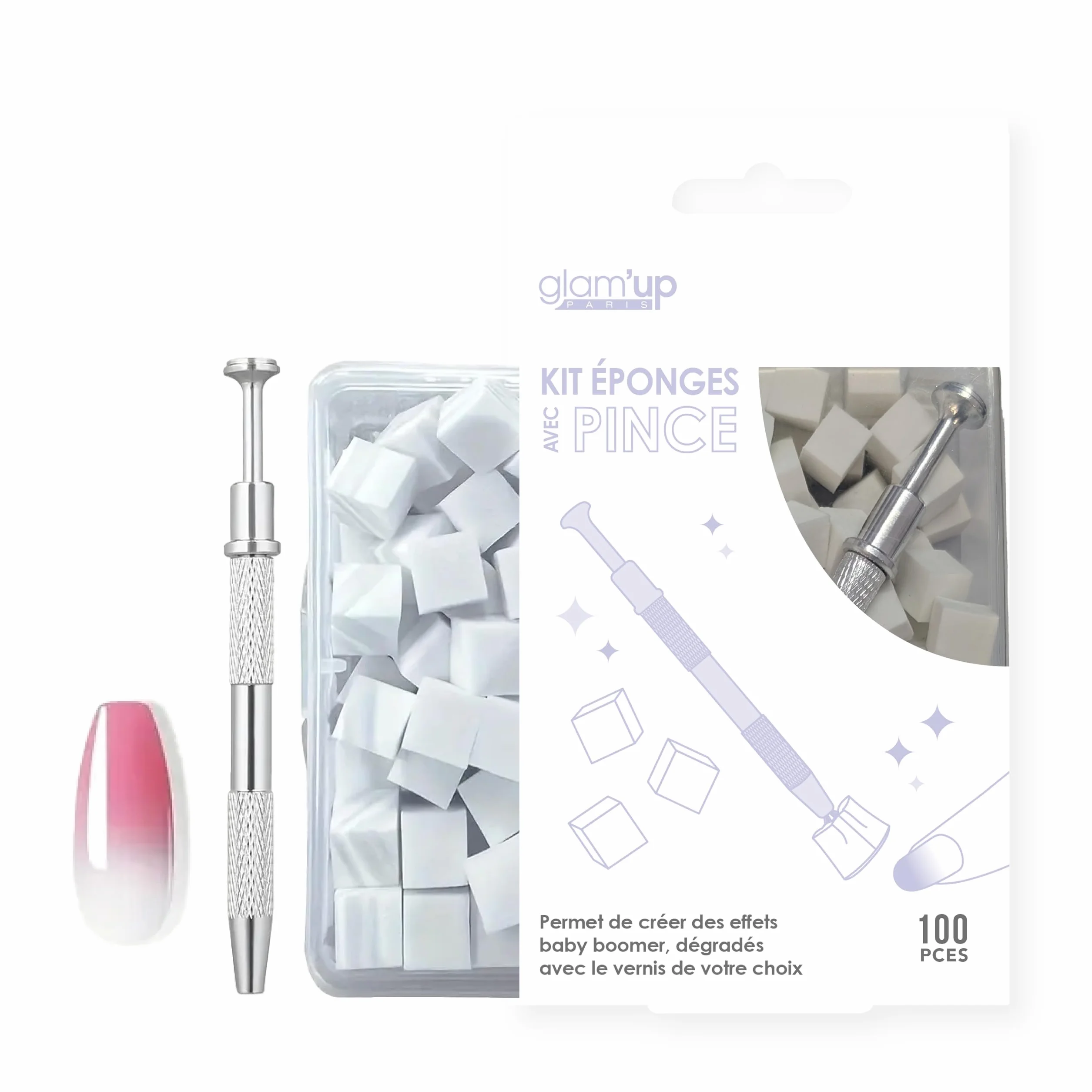 Glam'Up Paris Kit Éponges Pince Effet Dégradés Baby Boomer Nail Art 100 Pièces