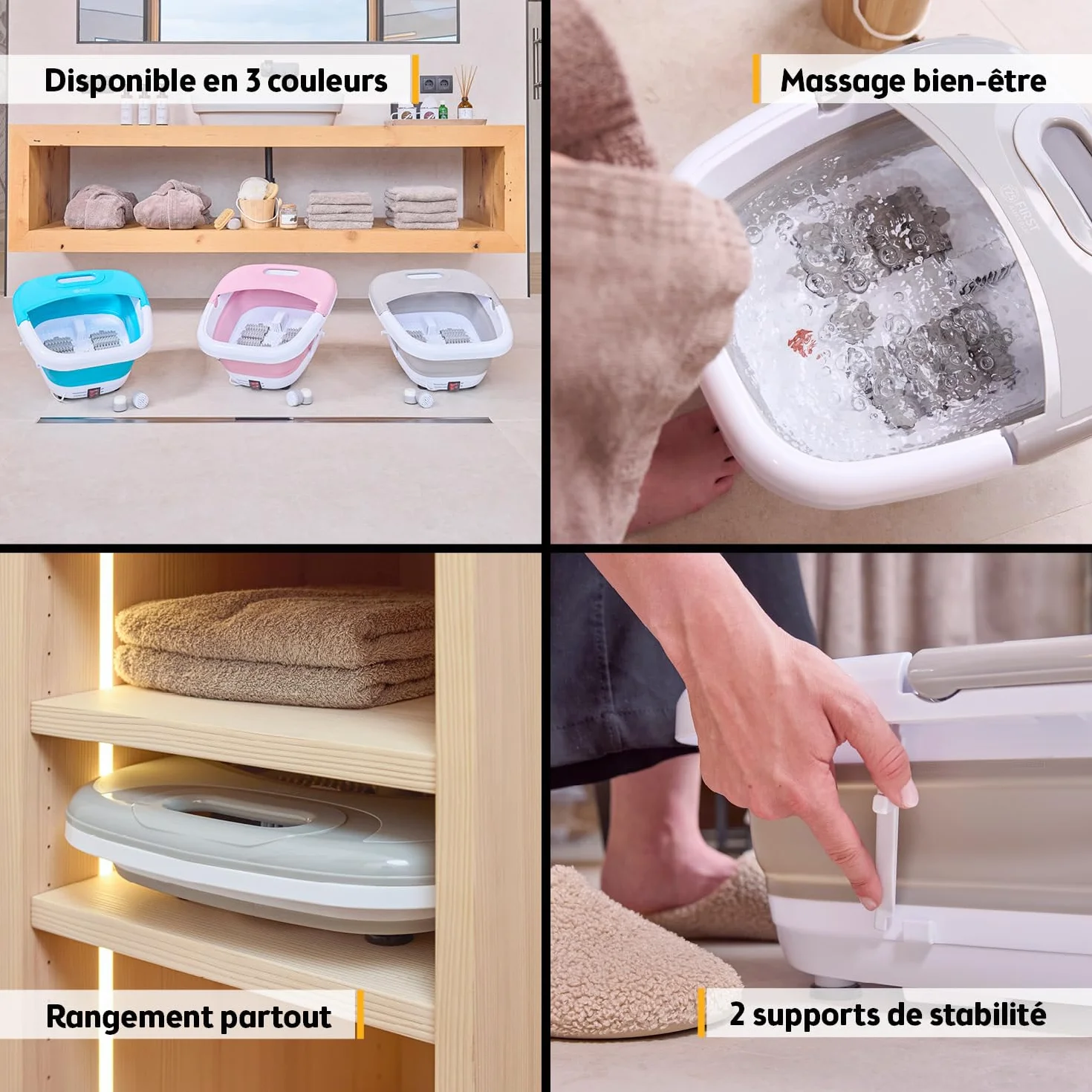 TZS First Austria Bain de Pieds 500W - Appareil de Massage des Pieds avec 3 Accessoires & 8 Rouleaux - Massage par Vibrations & Bulles, Infrarouge & Chauffante - Pliable jusqu'au 47 - Gris