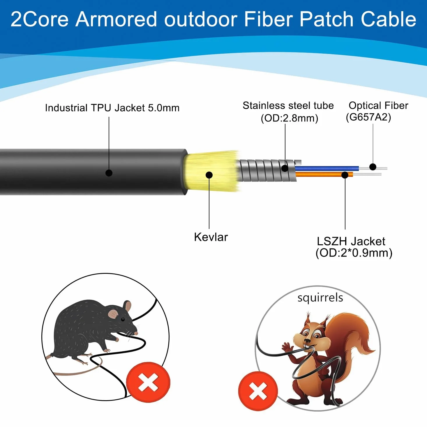 Câble de raccordement en fibre optique blindée extérieur ST vers ST 75 m, câble à fibre optique duplex monomode industriel à enfouissement direct en TPU, câble Internet optique OS2 9/125um OD-5 mm,