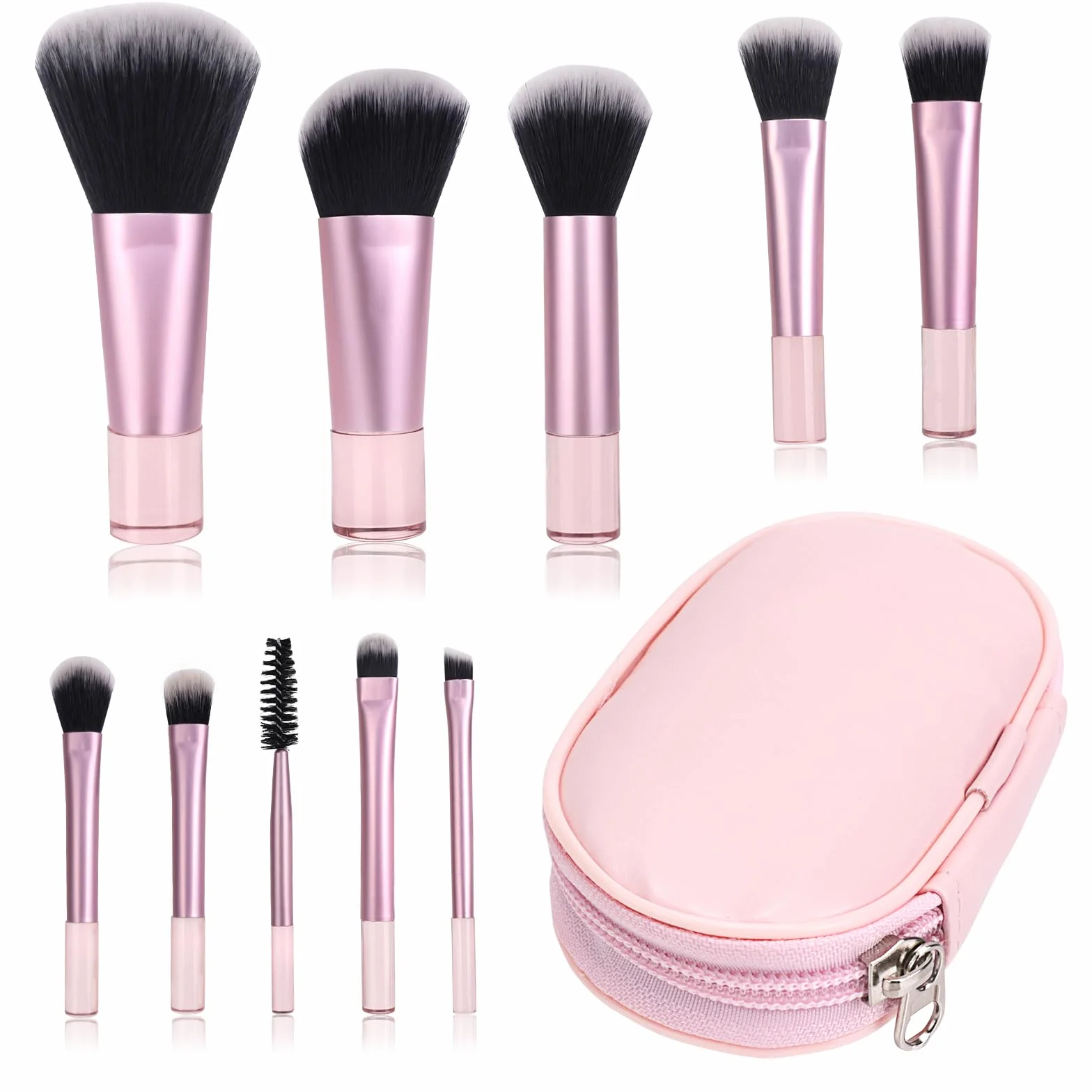 Lot de 10 Pinceaux de Maquillage de Voyage, Mini Pinceau avec Sac PU, Rose
