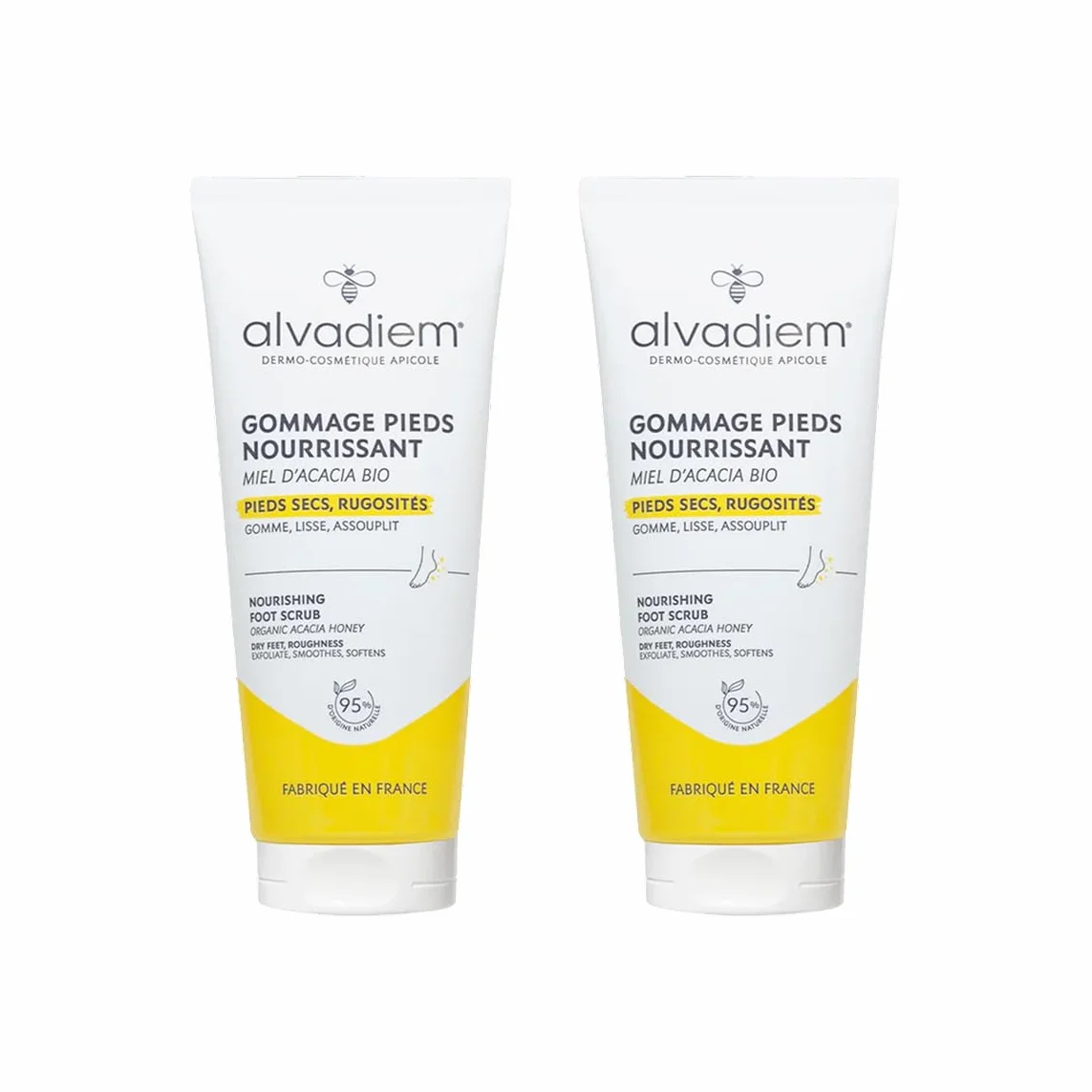 Alvadiem Gommage Pieds Nourrissant Exfoliant Anti-Rugosités Miel d'Acacia Bio Noyaux d'Olive 95% Naturel Lot de 2 x 75 ml