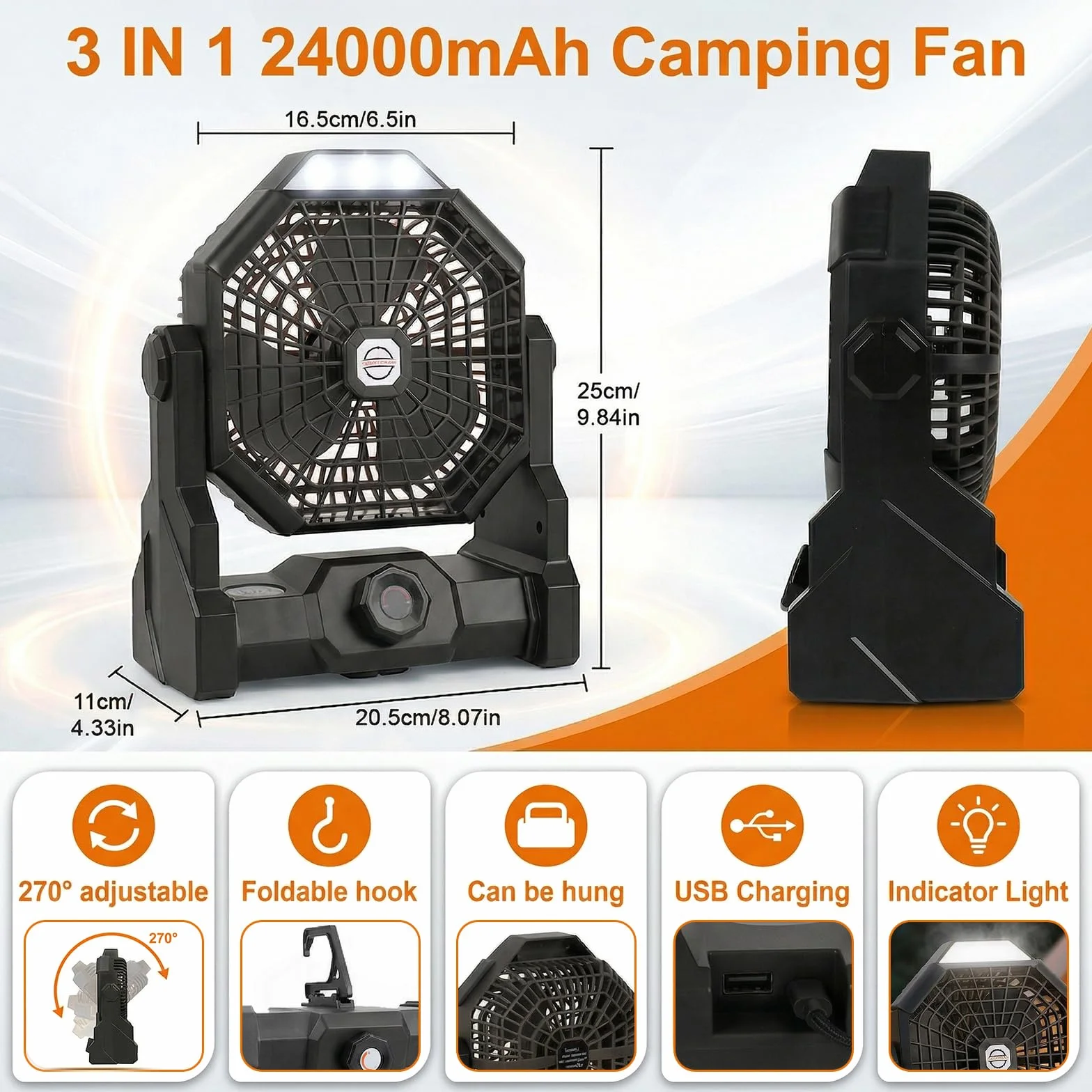 Qoosea Ventilateur de Camping Portable 24000mAh 3 en 1 avec Lumière LED 4 Vitesses