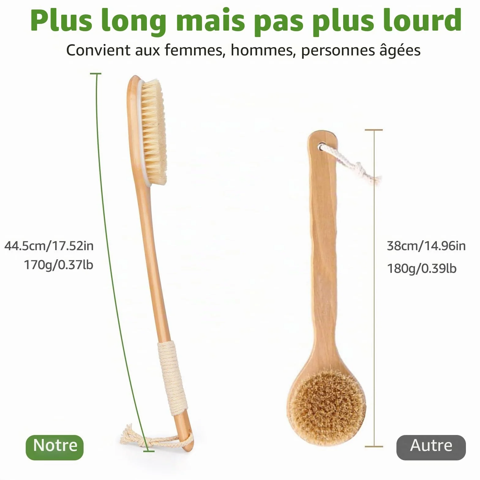 Brosse dos Douche 44,5CM Brosse Exfoliante Corps Bois Poils Naturels Longue Manche