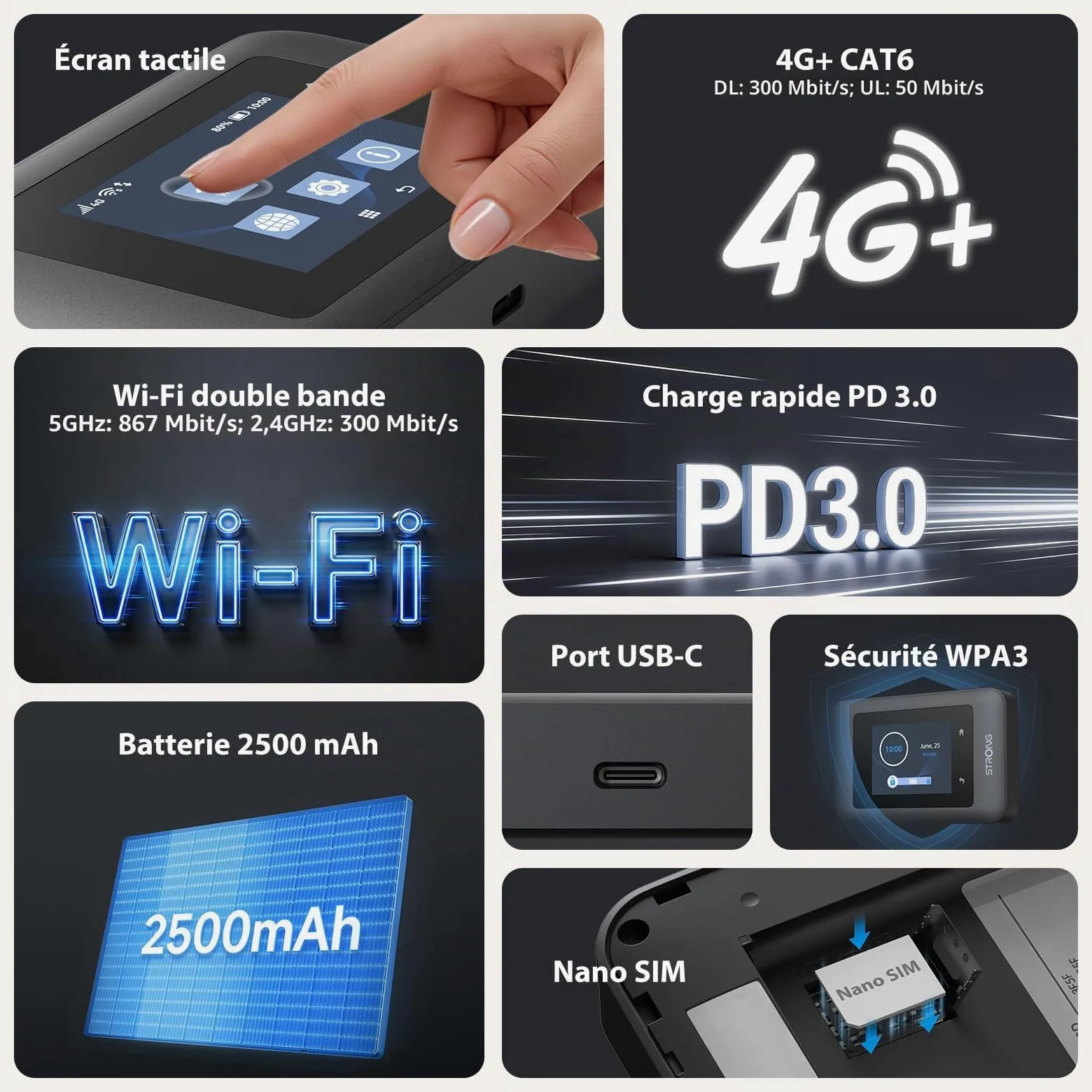 Strong 4G+ AIRSPOT 520 Routeur WiFi Portable avec SIM, CAT6 300 Mbps | Écran Couleur, WiFi AC900 Double Bande pour Voyage, Télétravail et Équipes, Partage la 4G+ avec 16 Appareils, USB-C