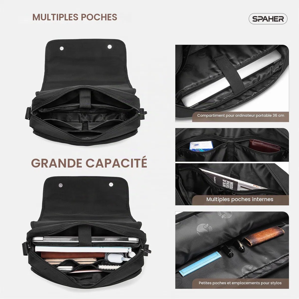 SPAHER Grand 14 Pouces Porte-Documents pour Ordinateur Portable Sac à Bandoulière pour Hommes Travail Messager Bureau d'affaires Sac à Bandoulière étanche Cadeau de Voyage pour Ordinateur Portable