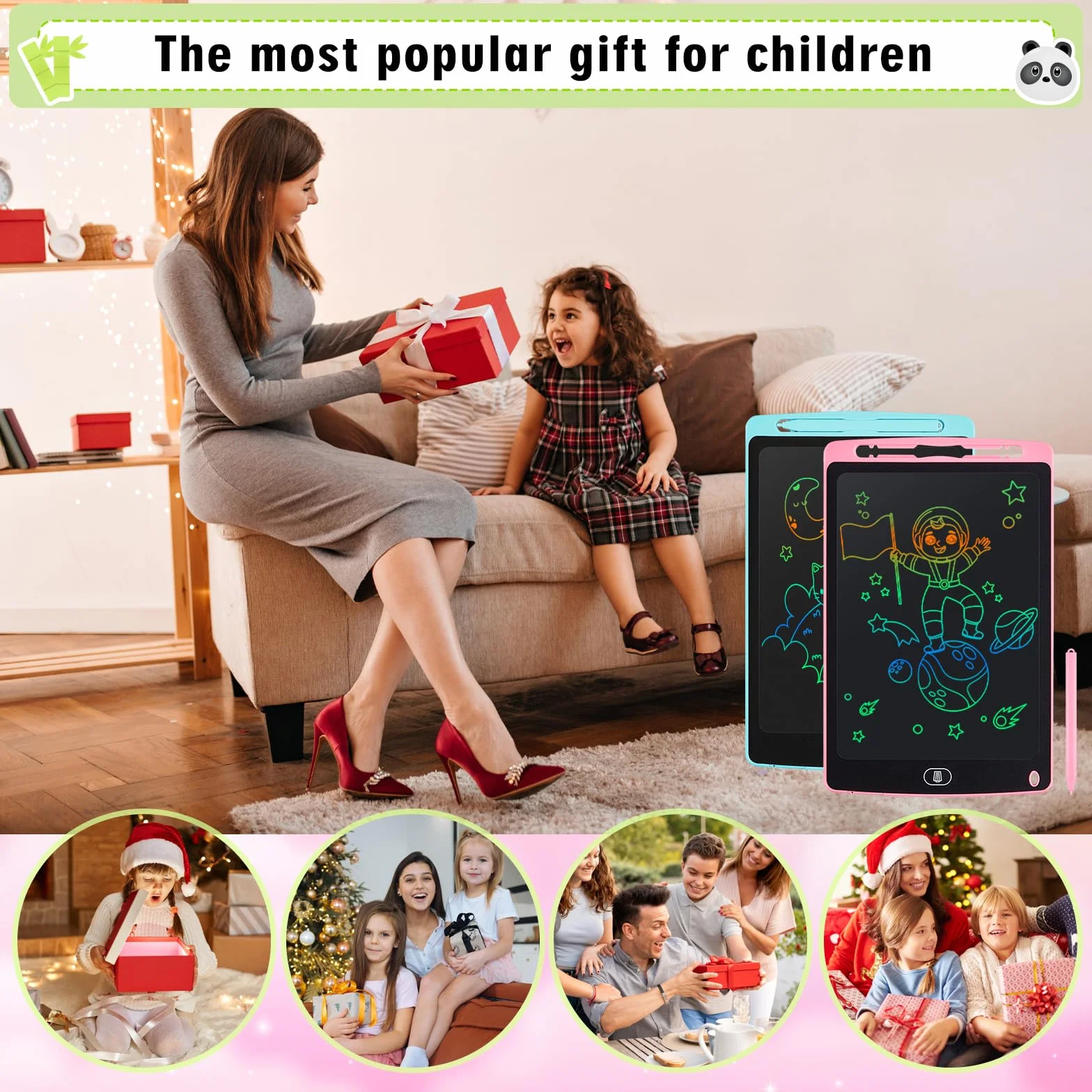 Tablette D'écriture LCD 10 Pouces avec Ecran Coloré, Bloc Effaçable Autocollants Animaux pour Enfants 3-6 Ans, Bleu + Rose