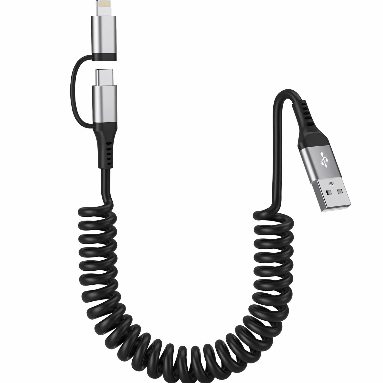 Câble Spirale Voiture 2 en 1 pour Apple CarPlay et Android Auto, Charge Rapide 3A MFi avec USB C et Lightning pour iPhone 16/15/14/13/12/11/Huawei/Galaxy/Google Pixel