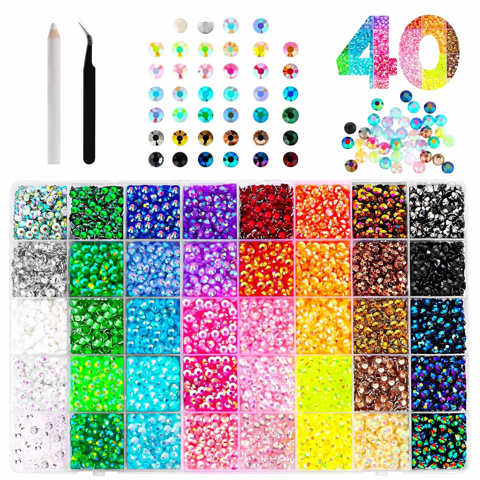 Kit de Strass en Résine 32 000 Pièces, 40 Couleurs Strass Plats Perles 3 mm pour Travaux Manuels, Décoration Ongles, Textiles