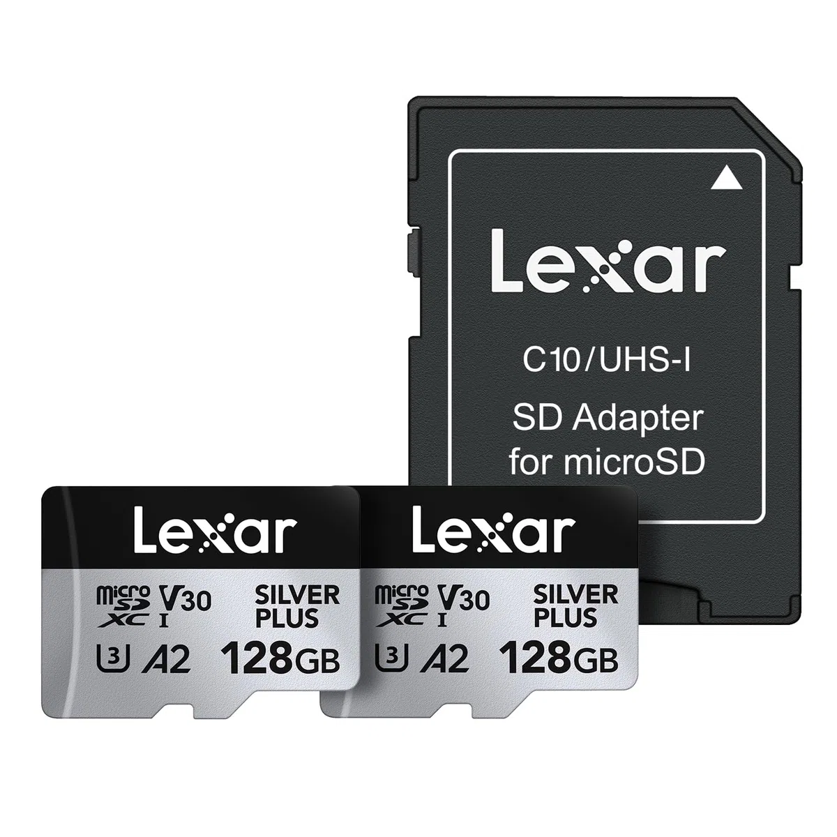 Lexar Silver Plus Lot de 2 cartes mémoire microSDXC professionnelles UHS-I, C10, U3, V30, Full HD et vidéo 4K, jusqu'à 205/150 Mo/s en lecture/écriture, pour vidéastes, joueurs (LMSSIPL128G-B2ANU)