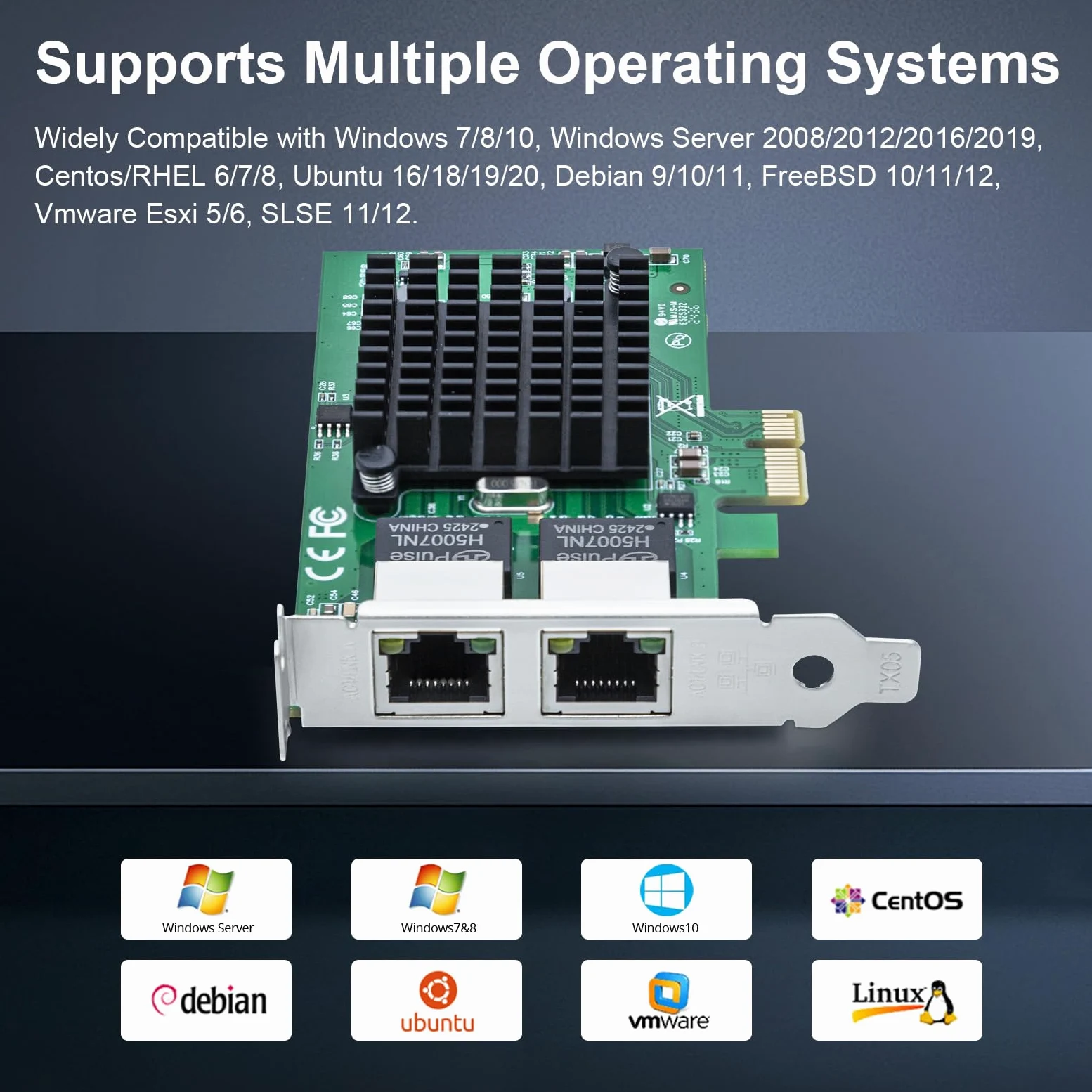 REDLUX Carte réseau PCI-e 10/100/1000 Mbps (NIC) avec puce Intel 82576EB, double ports RJ45, comparé à Intel E1G42ET, PCIE 2.0 X1, compatible Windows/Windows Server/Linux/Vmware Esxi