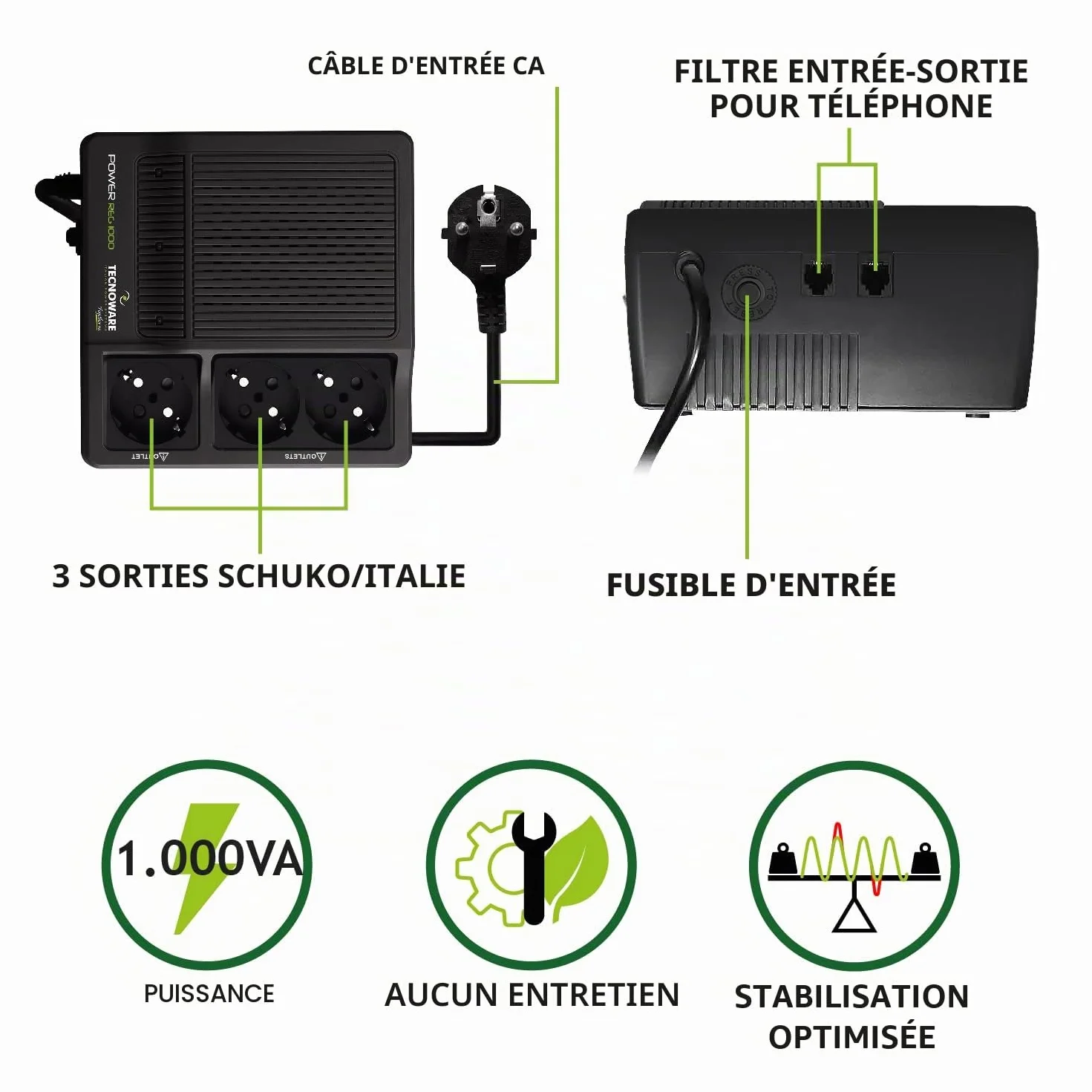 Tecnoware Stabilisateur de Tension 1000VA pour modem routeur PC