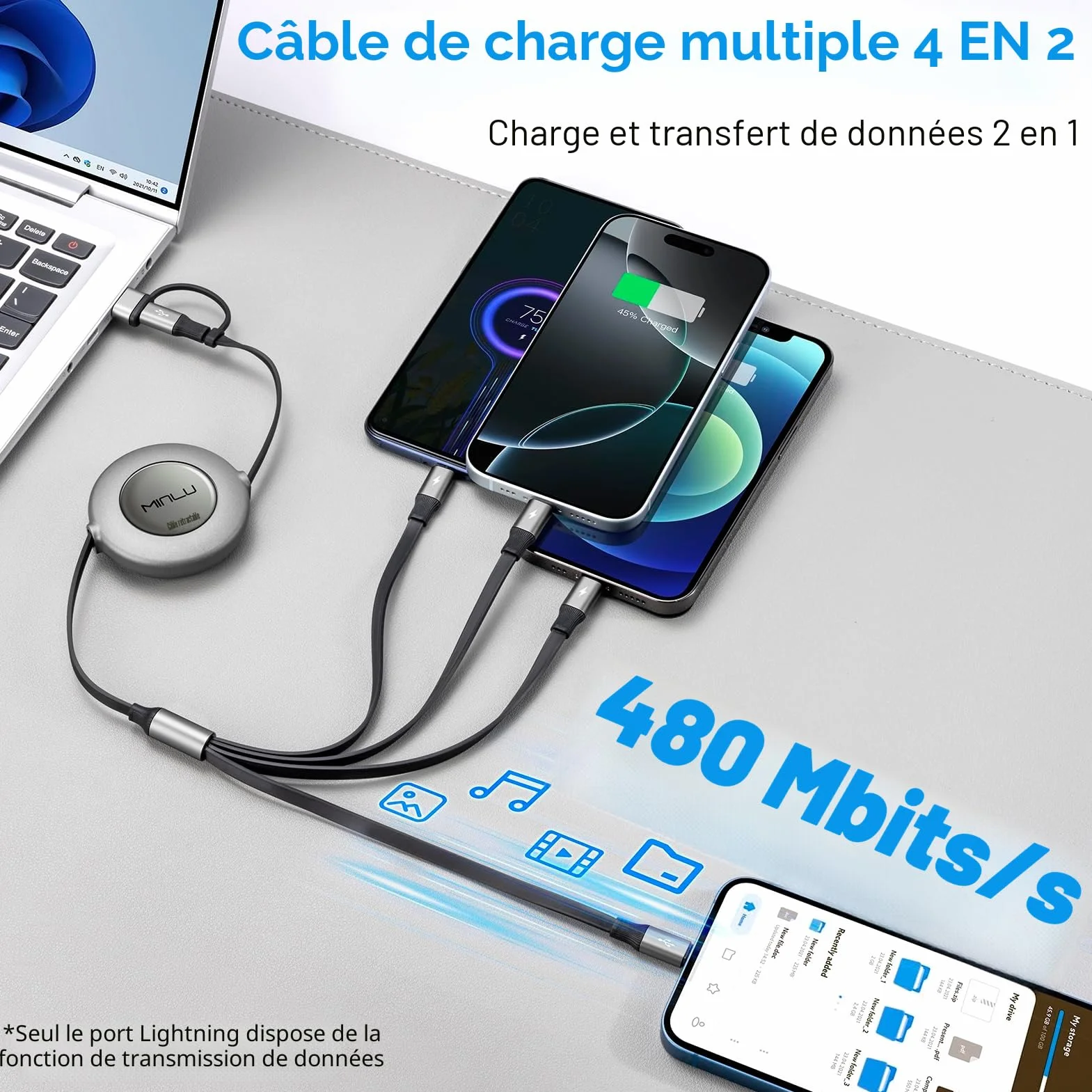 Câble de Charge 6 en 1 Rétractable 1,2m USB C avec Lightning pour iPhone Android Galaxy