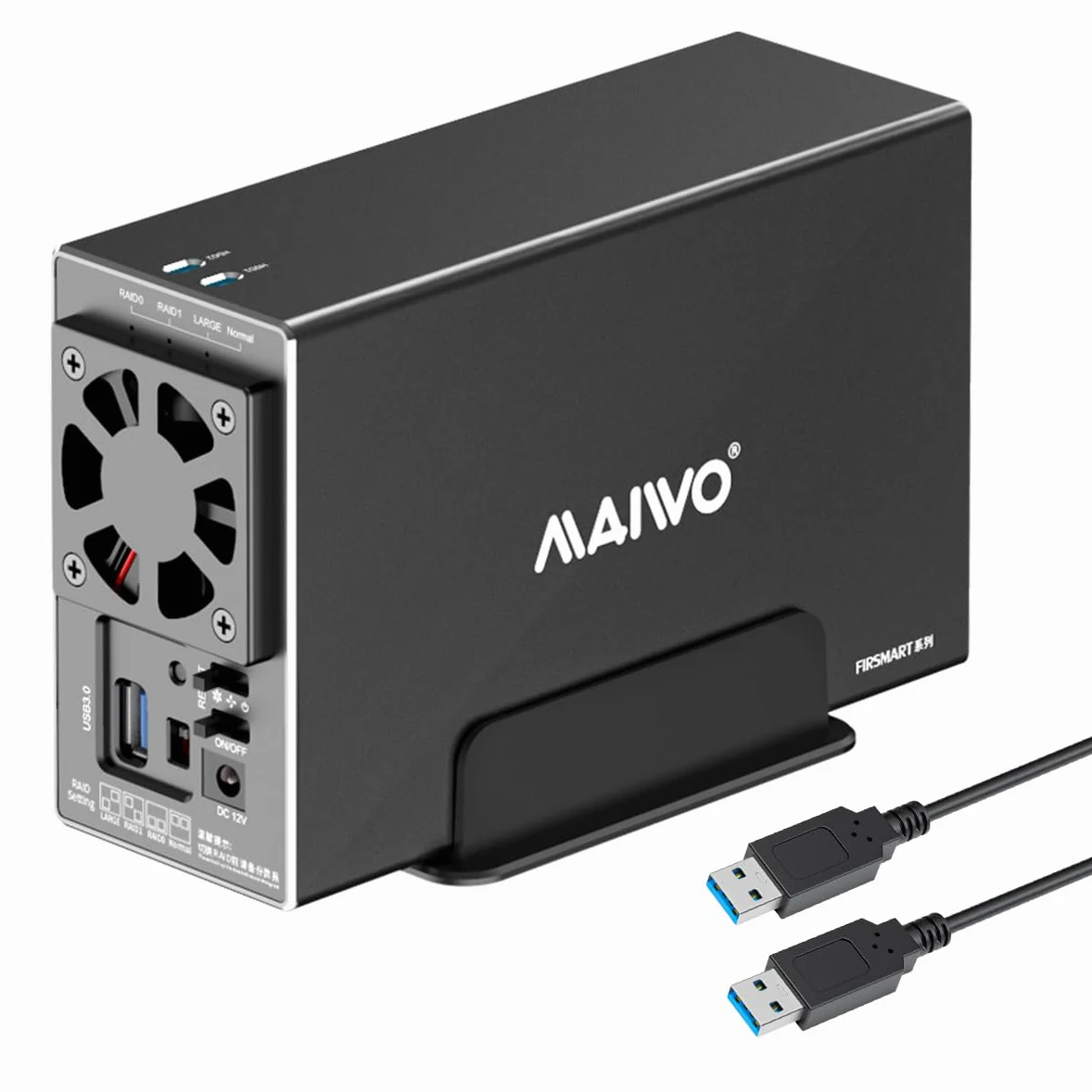 MAIWO Boîtier Raid à Double Baie avec Ventilateur de Refroidissement pour SSD SATA 2,5/3,5", boîtier USB 3.0 5 Gbit/s, capacité de 48 to, Raid 0/1/JBOD/PM, boîtier en Aluminium