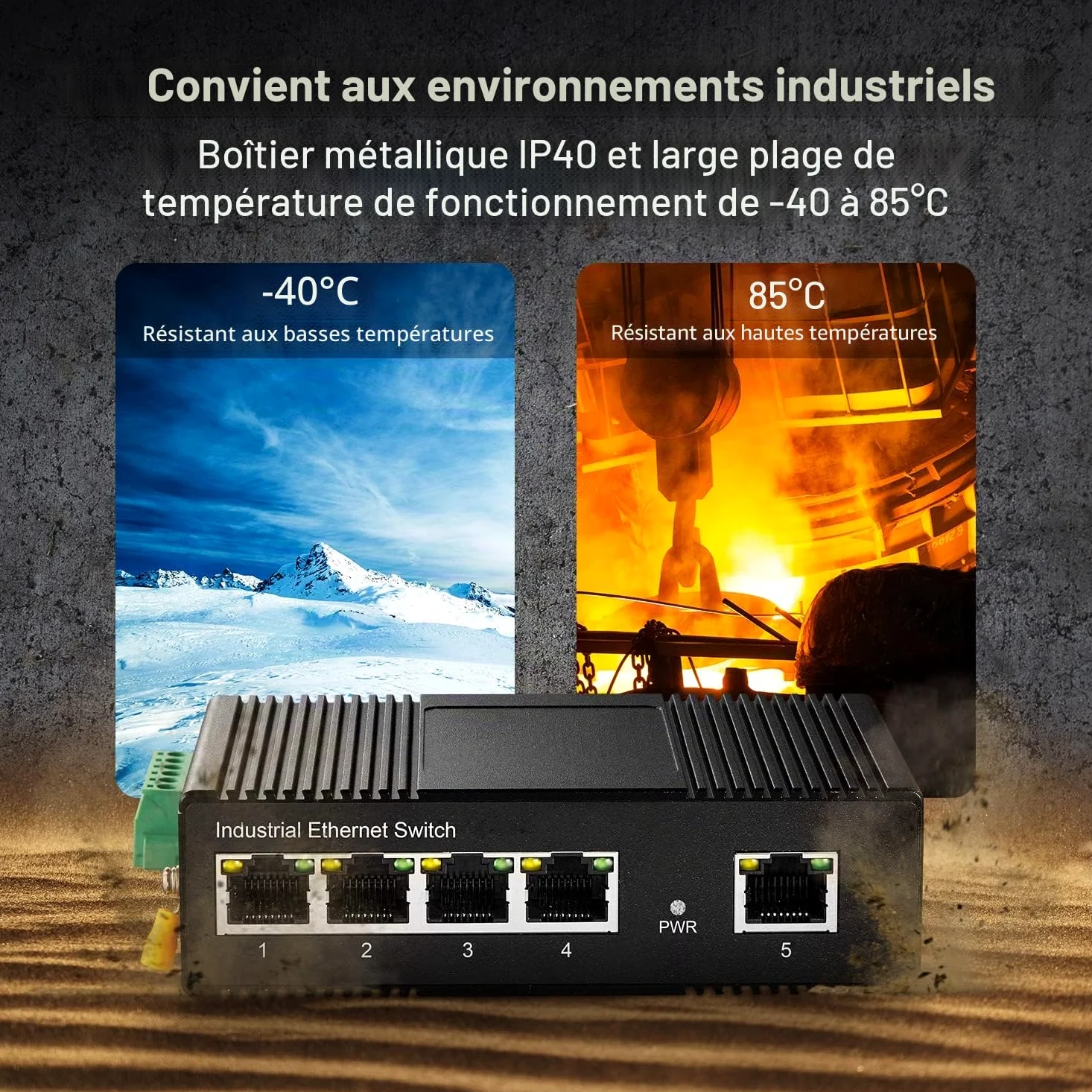 Binardat Switch Ethernet Industriel 5 Ports sur Rail DIN, 4 Ports et 1 Liaison Montante 10/100 Mbps, Montage Mural sans Ventilateur, avec Une Alimentation