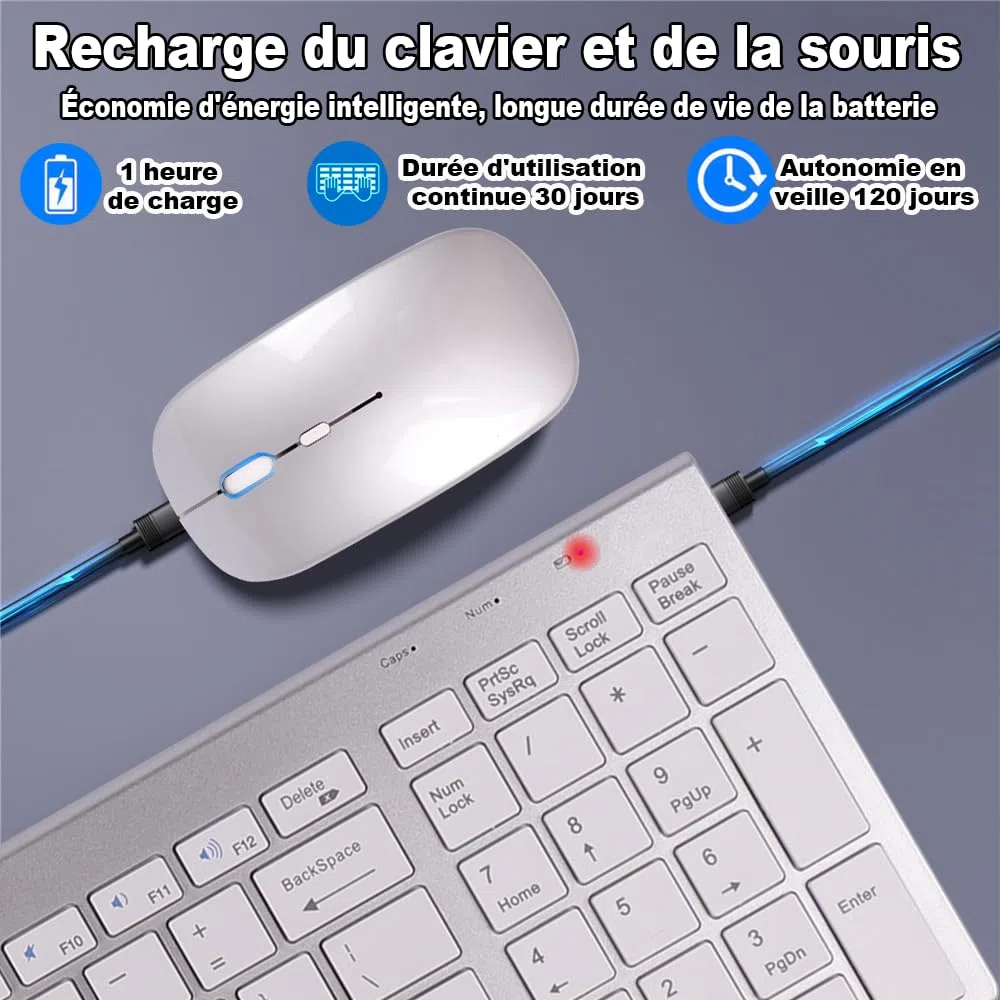 Ensembles Clavier Souris sans Fil 2.4Ghz & Bluetooth, Clavier et Souris sans Fil avec Batteries Rechargeables, Clavier Ultra-Fin avec Pavé Numérique, Souris Silencieuse,pour PC/Laptop/Mac,QWERTY