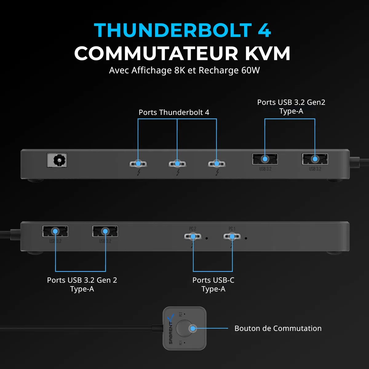 SABRENT Commutateur KVM Thunderbolt4, partage de périphériques avec 3 ports TB4 40 Gbit/s, 2 de charge USB-C 60W(PD 3.0)| 4 ports USB-A 3.2x2 10 Gbit/s| Résolution 4K@144 Hz/8K@60 Hz DSC (SB-TB4K)