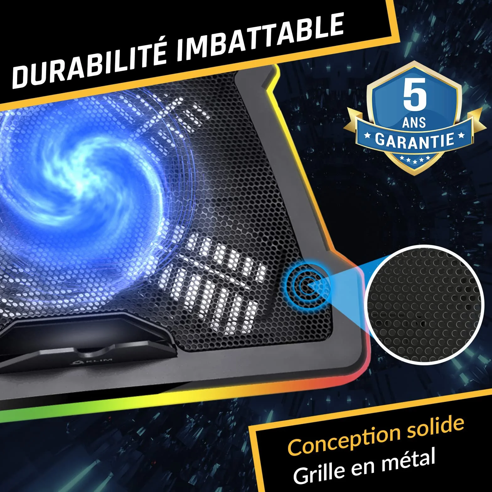 KLIM Ultimate Refroidisseur PC Portable 11" à 17" - Éclairage RGB - Support Ordinateur Portable Gaming - Ventilateur USB