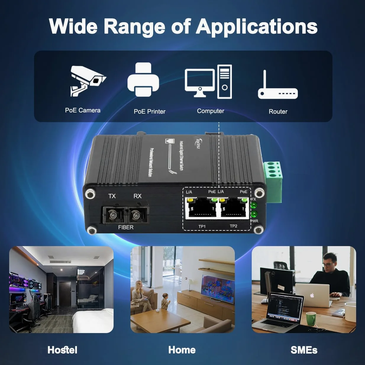 Convertisseur de média industriel 1,25 G Gigabit SC vers Ethernet prenant en charge le rail DIN, commutateur de fibre IEEE 802.3af/at 30 W PoE avec 2 ports RJ45 et 1 port SC monomode, jusqu'à 20 km,