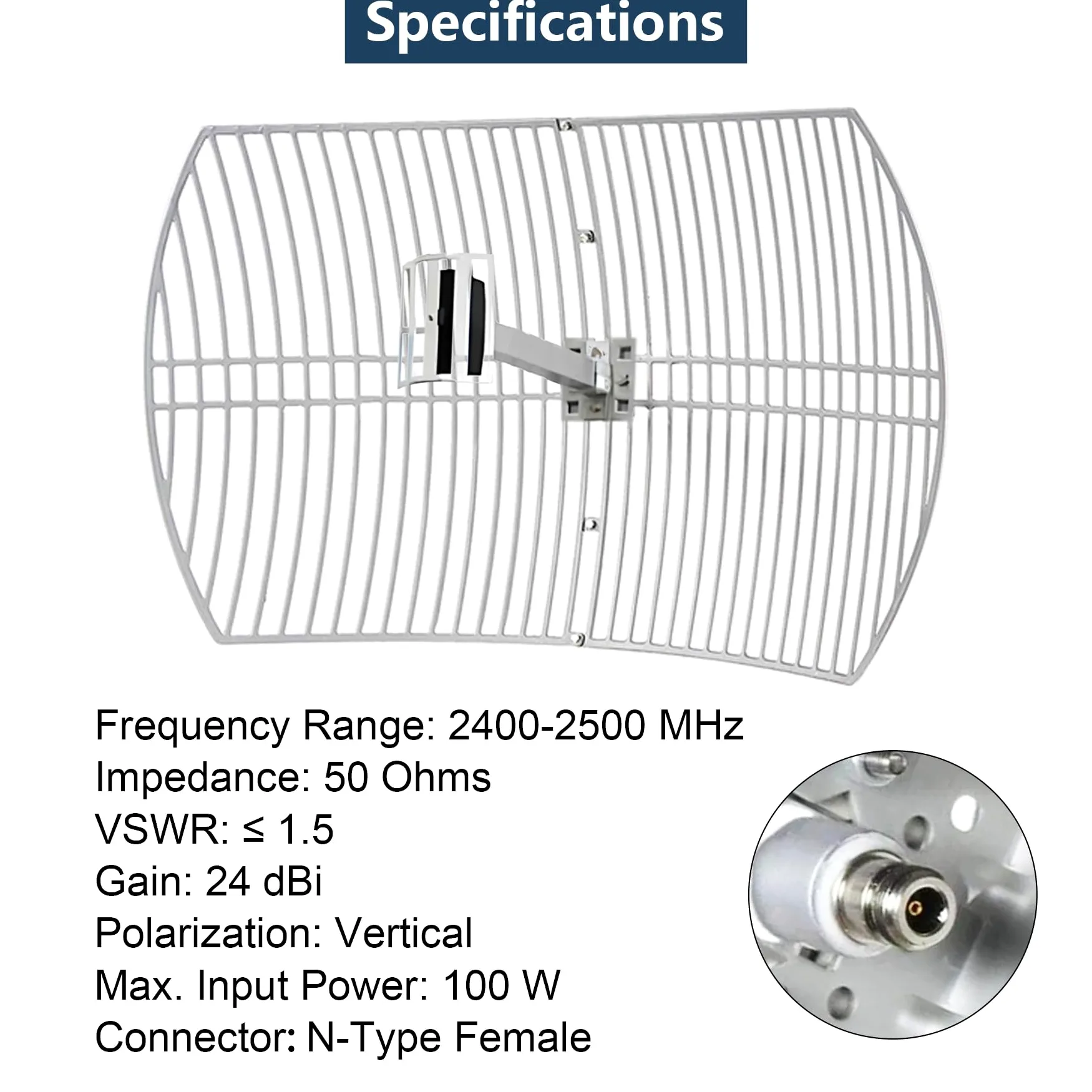 Antenne parabolique directionnelle extérieure à gain élevé 2,4 GHz 24 dBi (2400-2483 MHz) longue portée N-femelle connecteur pour caméra de sécurité routeur WI FI
