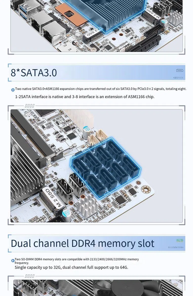 N17 I5-8265U Carte mère industrielle NAS à 4 cœurs, 8 fils, processeur basse puissance 2 x 2,5G i226, 8 SATA, 4K DP HDMI, 1 PCI-E x4, 2 M.2 2280, 2 DDR4, Firewall de routeur doux MINI-ITX avec