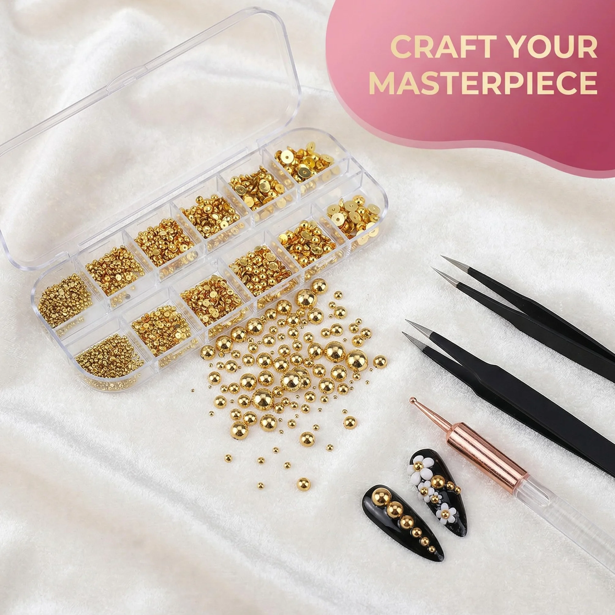 Boîte 3D Flatback Perle Ongle Or, Strass Nail Art Demi-Rondes Métal pour Décoration Ongle