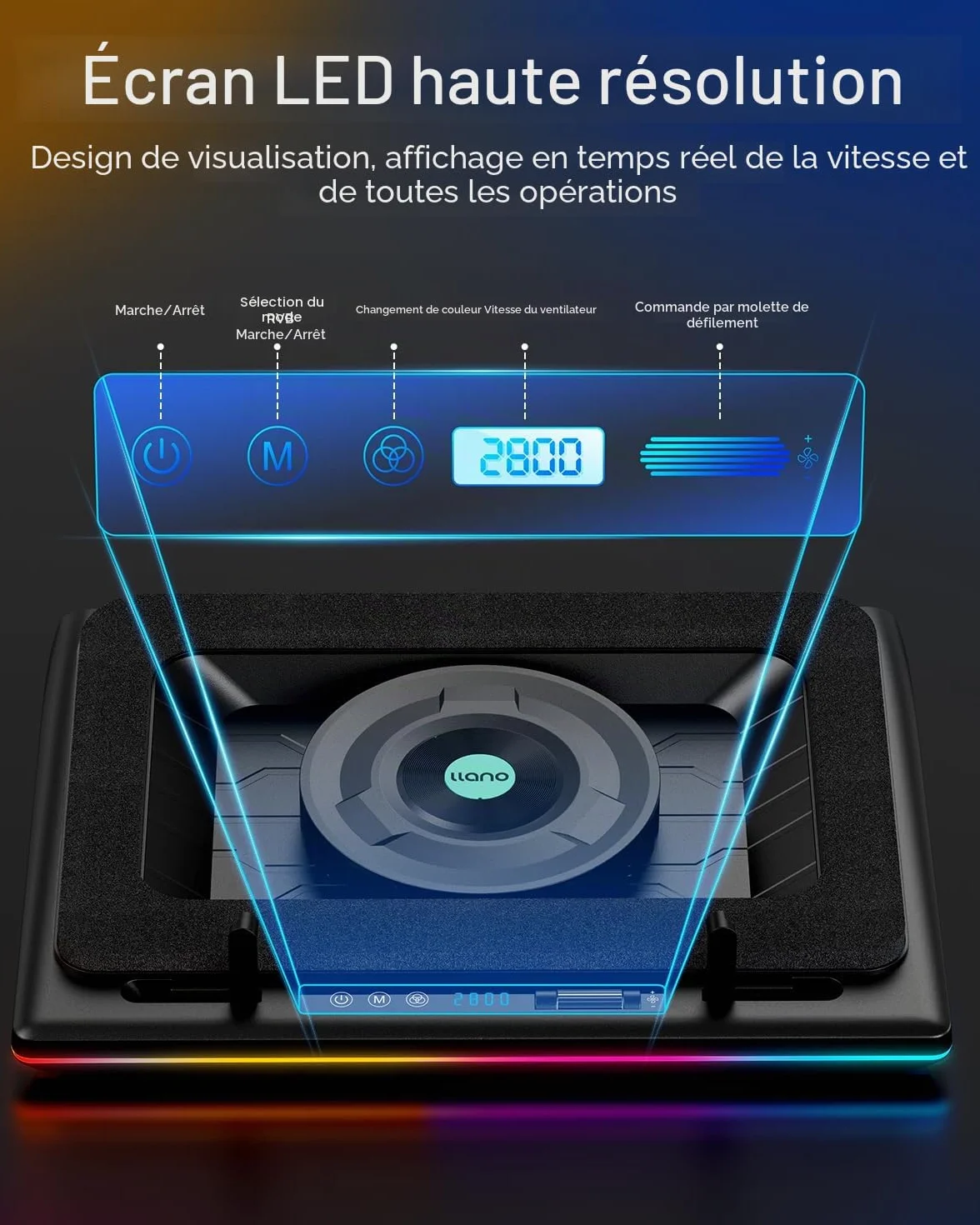 Refroidisseur Ordinateur Portable RGB 14cm Turbo Ventilateur Vitesse réglable Mousse d'étanchéité 3 Ports USB 38-48cm