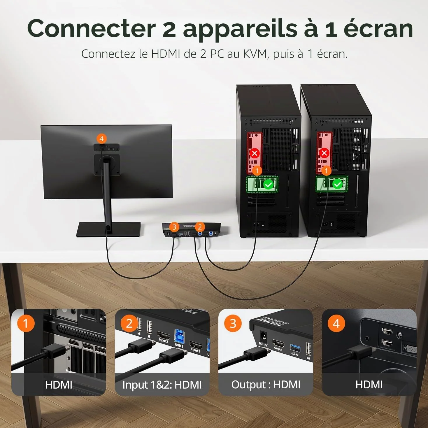 TESmart Commutateur KVM HDMI pour 2 PC 1 écran, switch HDMI avec USB 3.0 4K@60Hz Émulateur EDID, Hotkey, compatible HDCP 2.2, HDR10 et Dolby, L/R Audio ports,télécommande et câbles d’entrée inclus
