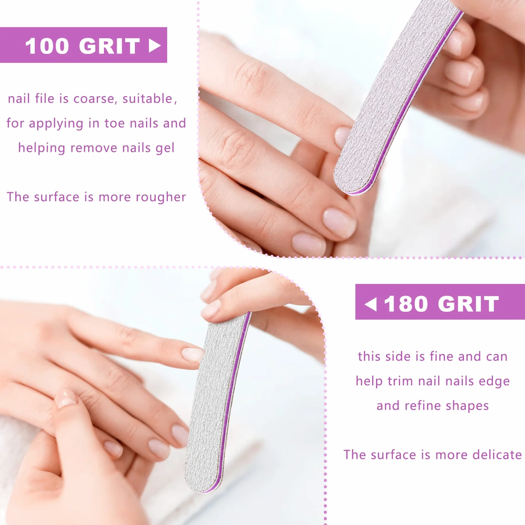 Limes à Ongles Professionnelles Double Face 100/180 Grain, AYITOO, Pour Manucure Nail Art, Forme Straight Gris Violet