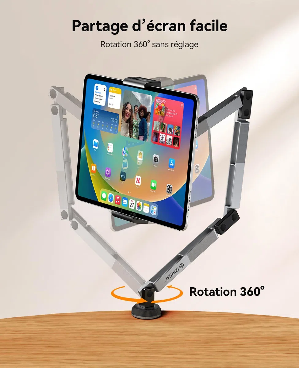 ORICO Support Tablette avec hub USB intégré, Bras réglable en Aluminium pour iPad Pro/Air/Mini, Galaxy Tab et tablettes jusqu'à 12,9", télétravail & création de Contenu – RA1-3P, Gris