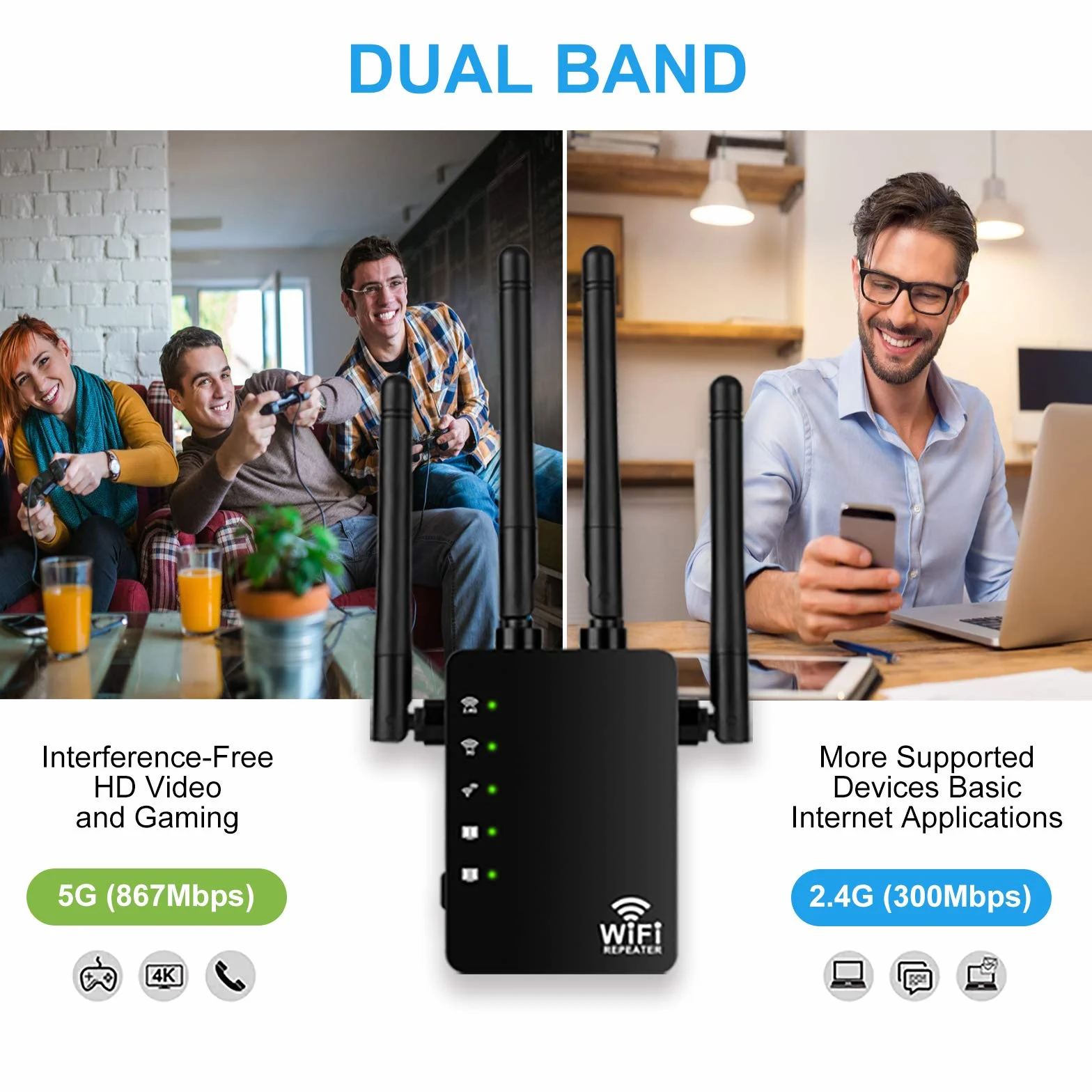 Répéteur WiFi AC1200 Double Bande 2.4GHz 5GHz 4 Antennes Externes 2 Port Ethernet 120㎡