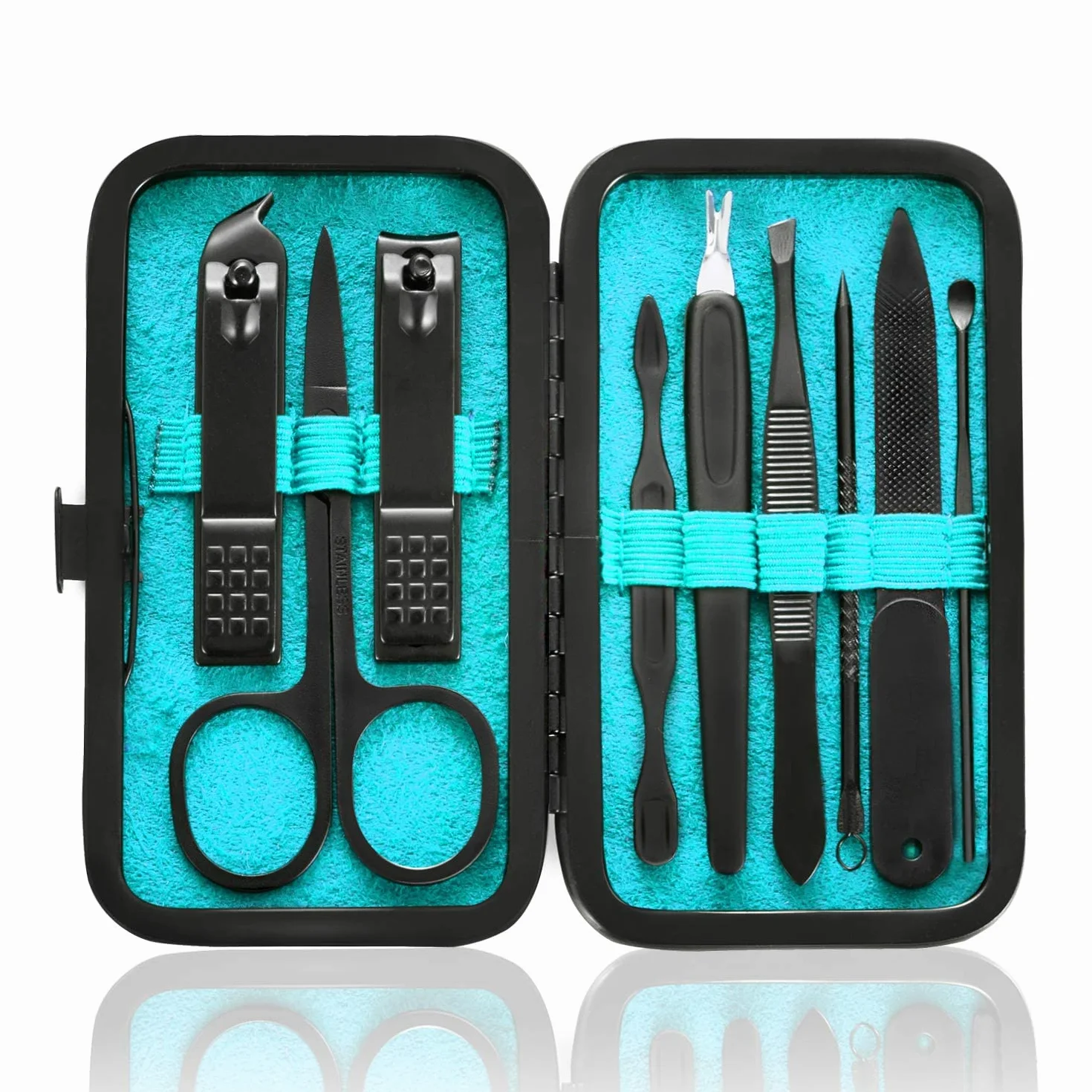 Kit de manucure 9 en 1 acier inoxydable coupe-ongles ciseaux pédicure portable étui cuir bleu