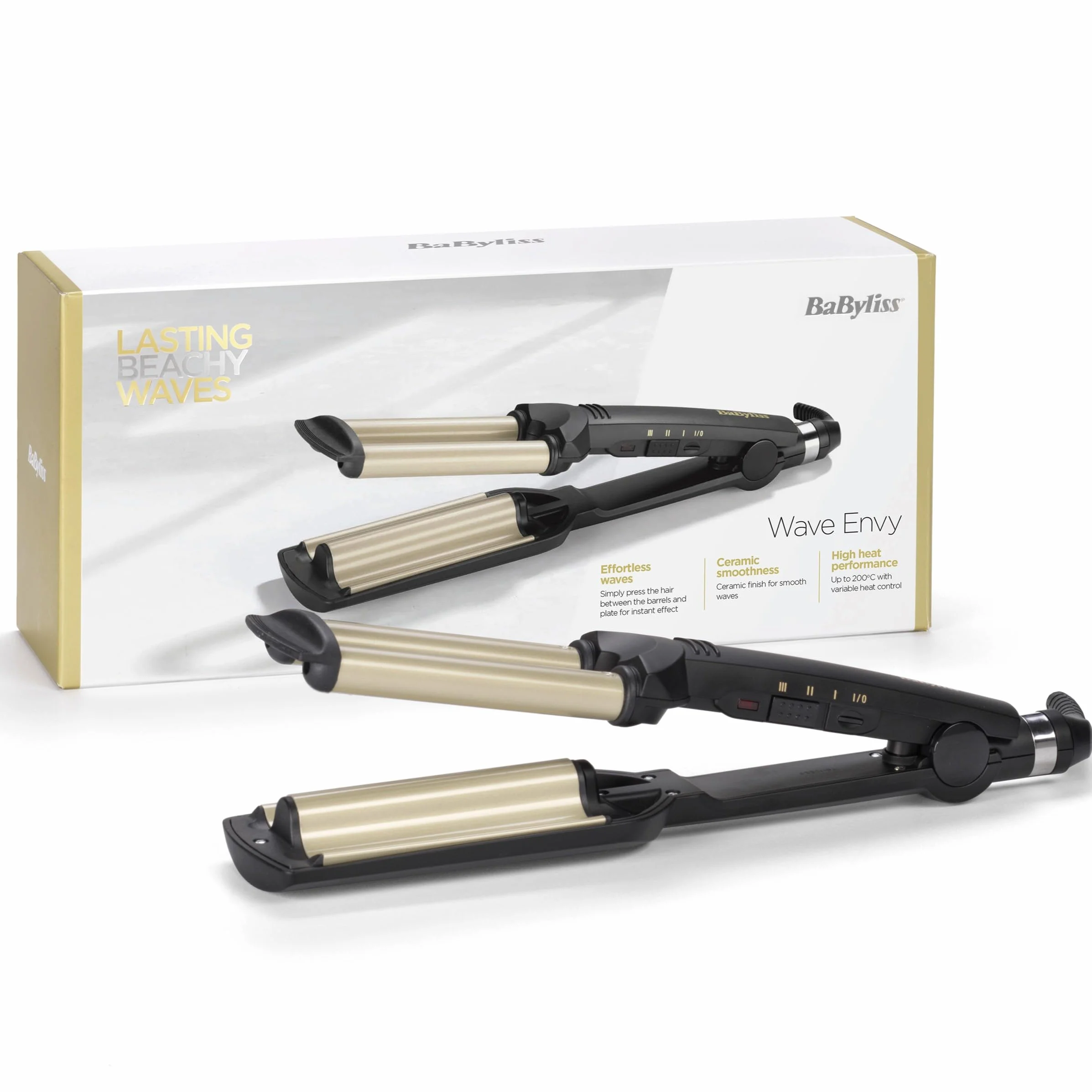 BaByliss Easy Waves C260E Fer à Boucler Revêtement Titane-céramique 3 Réglages de Température Doré Noir