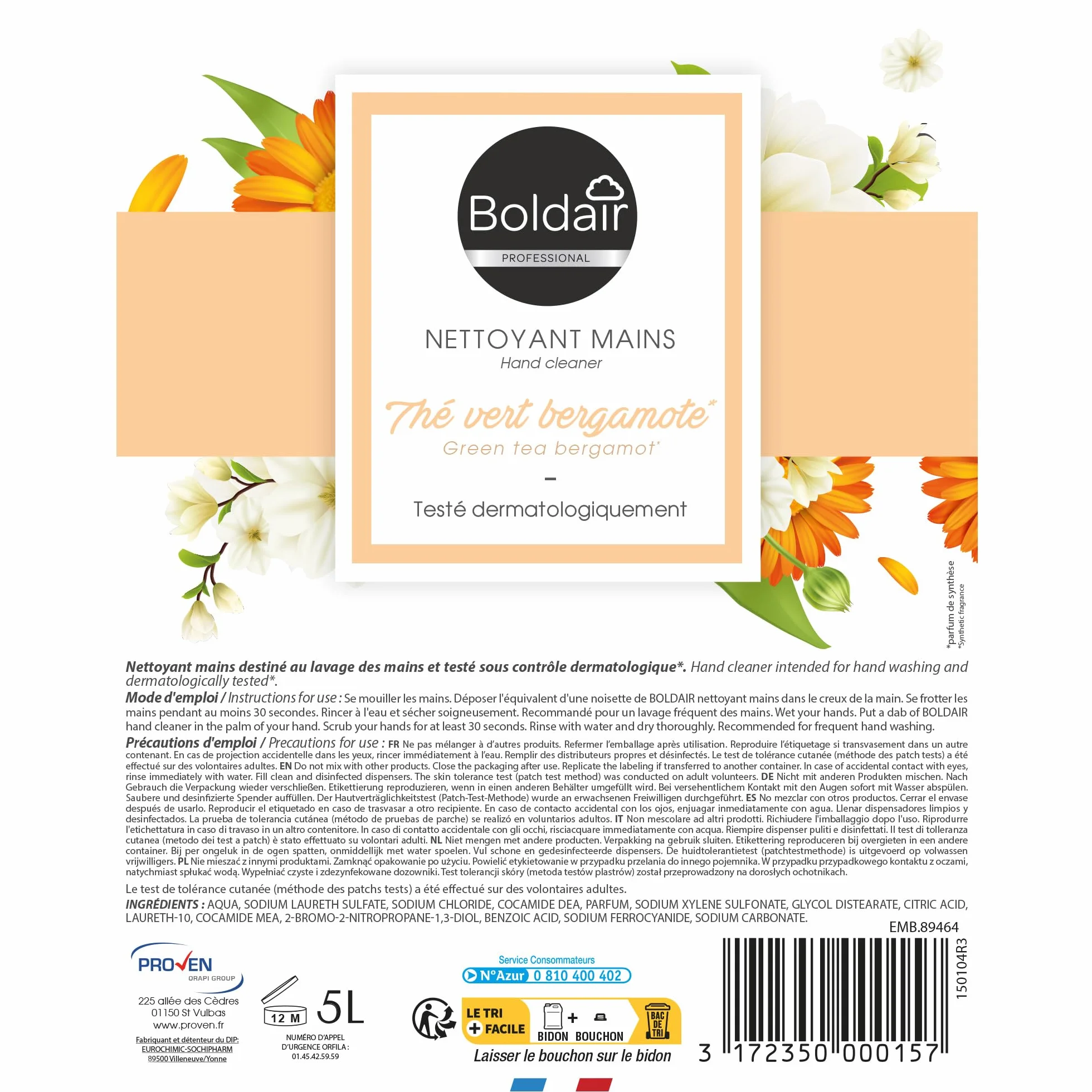 BOLDAIR Savon Crème Lavante Mains Thé Vert Bergamote 5L