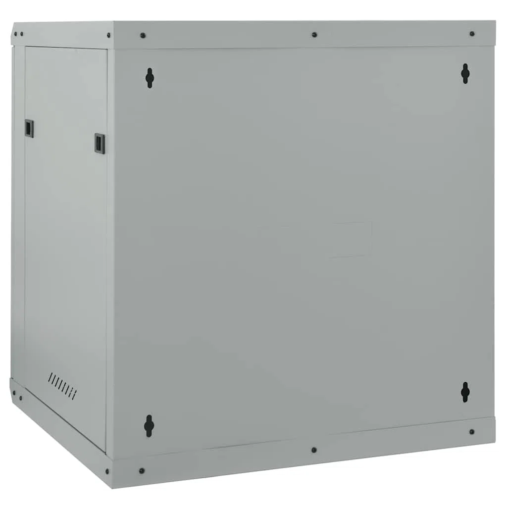 Armoire réseau murale en acier gris 60 x 45 x 65 cm, avec verre de sécurité trempé et poignées de verrouillage pour un rangement sûr de l'électronique au design industriel.