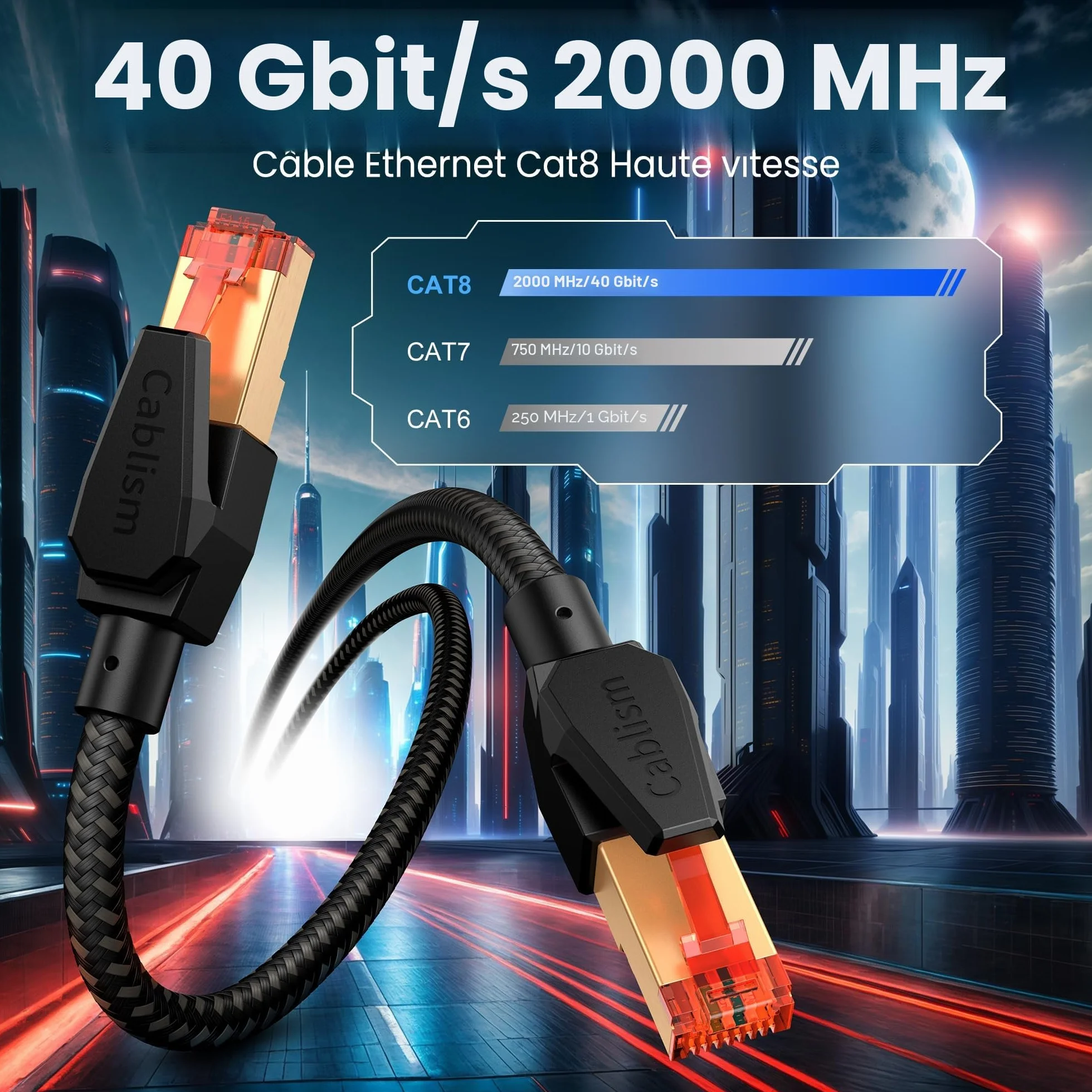 Câble Ethernet réseau Cat 8 RJ45 2M 40Gbit/s 2000MHz blindé haute vitesse noir nylon rond